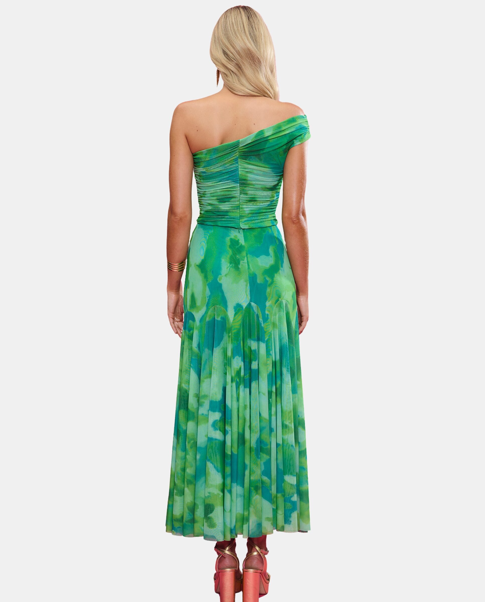 Saia Midi de Tule Estampada com Corte Godets Circular Verde-3