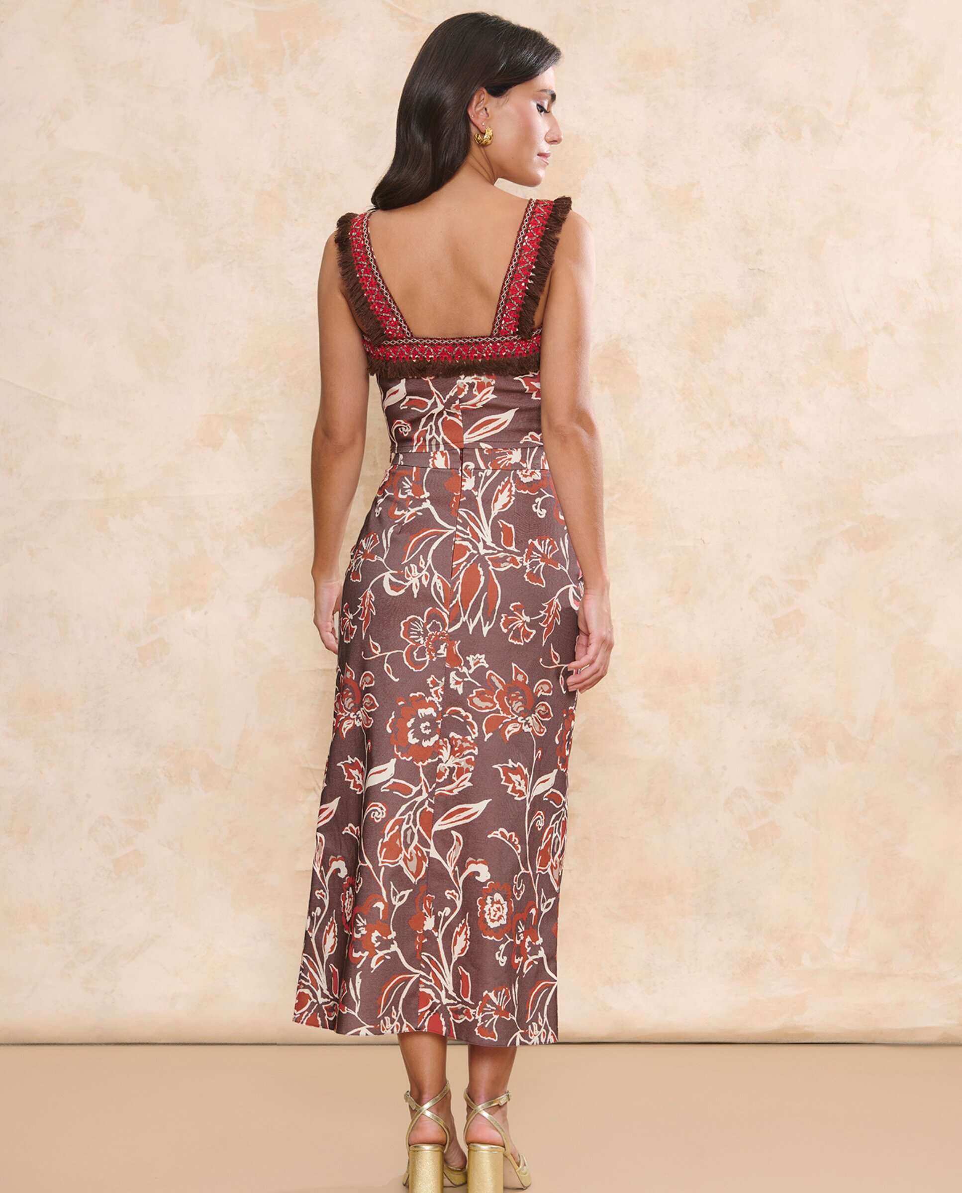 Top Estampado com Detalhe de Franjas Castanho-4