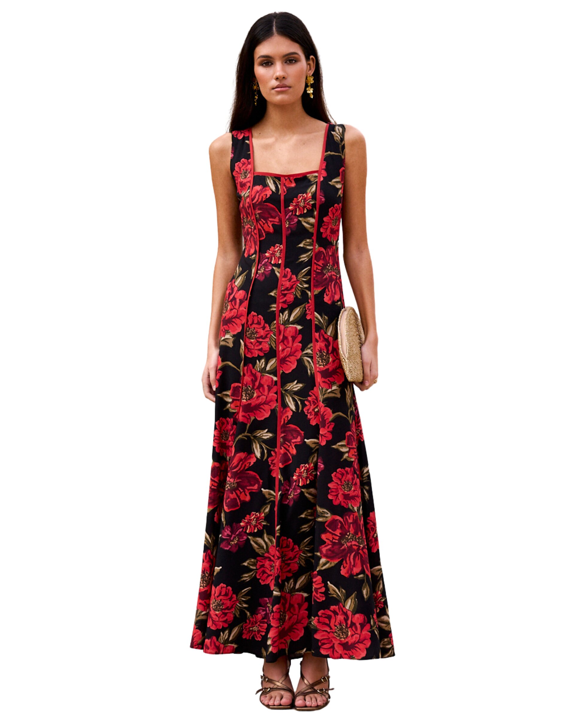 Vestido Comprido Estampado com Decote Quadrado Preto / Vermelho-2