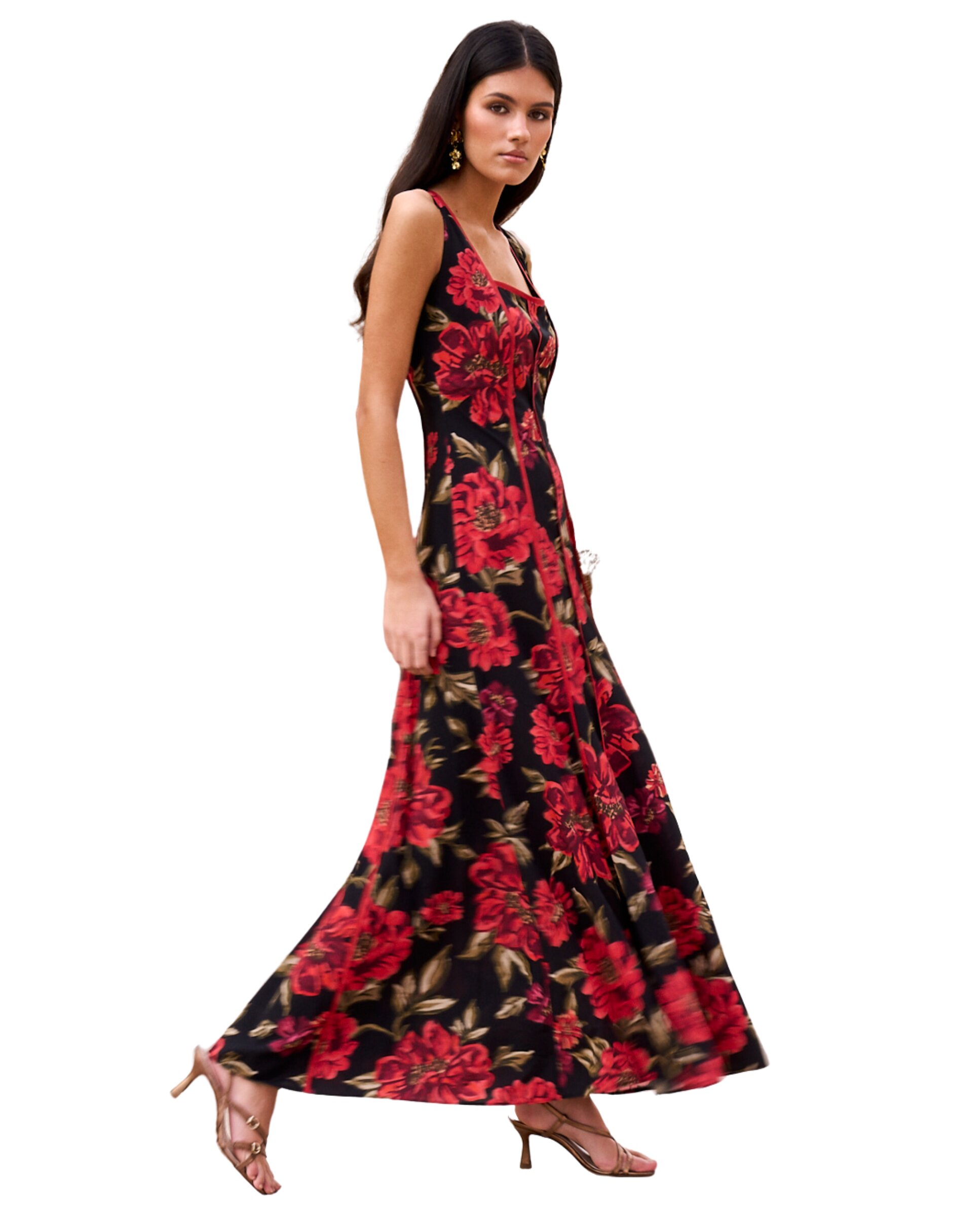 Vestido Comprido Estampado com Decote Quadrado Preto / Vermelho-3