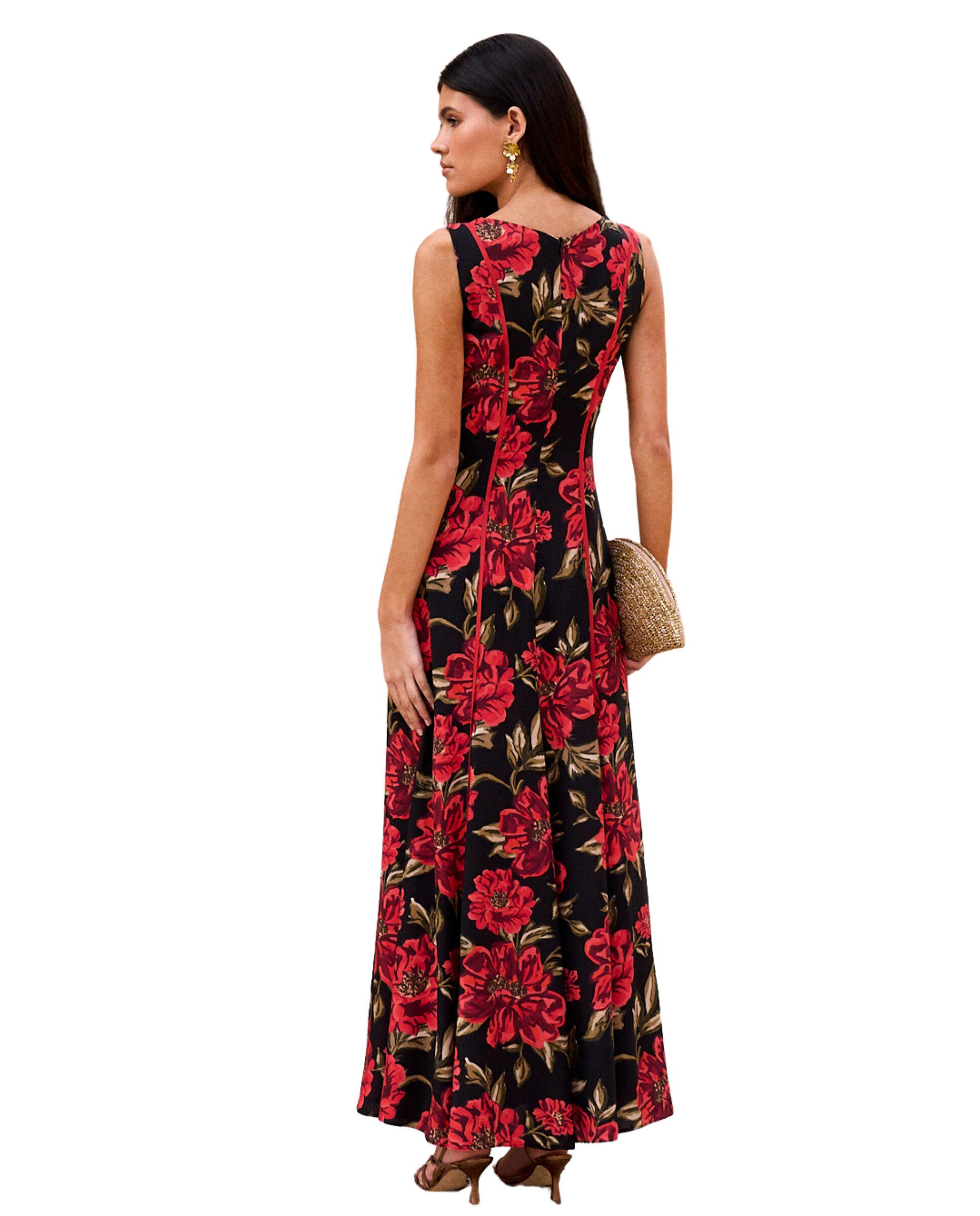Vestido Comprido Estampado com Decote Quadrado Preto / Vermelho-4