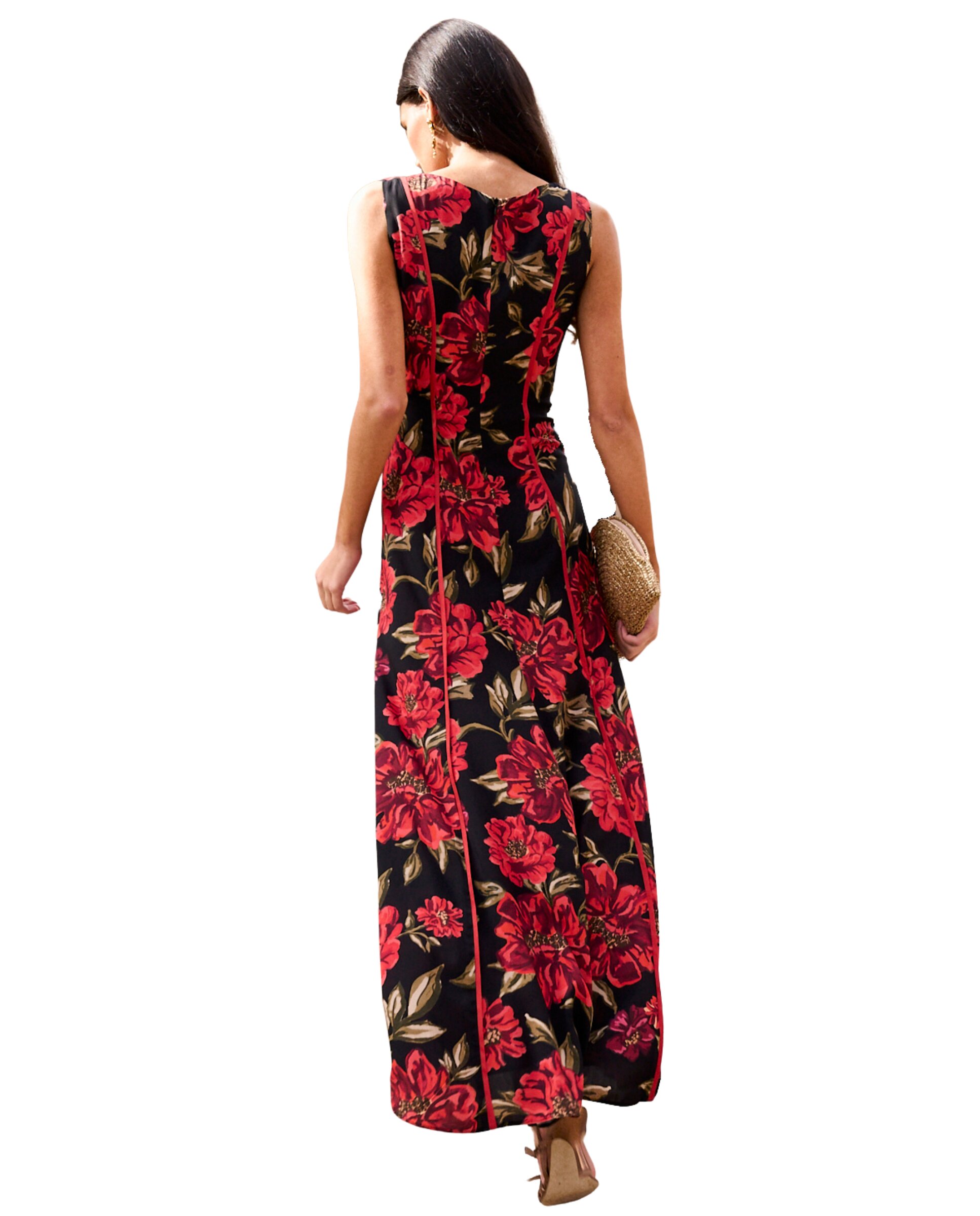 Vestido Comprido Estampado com Decote Quadrado Preto / Vermelho-5