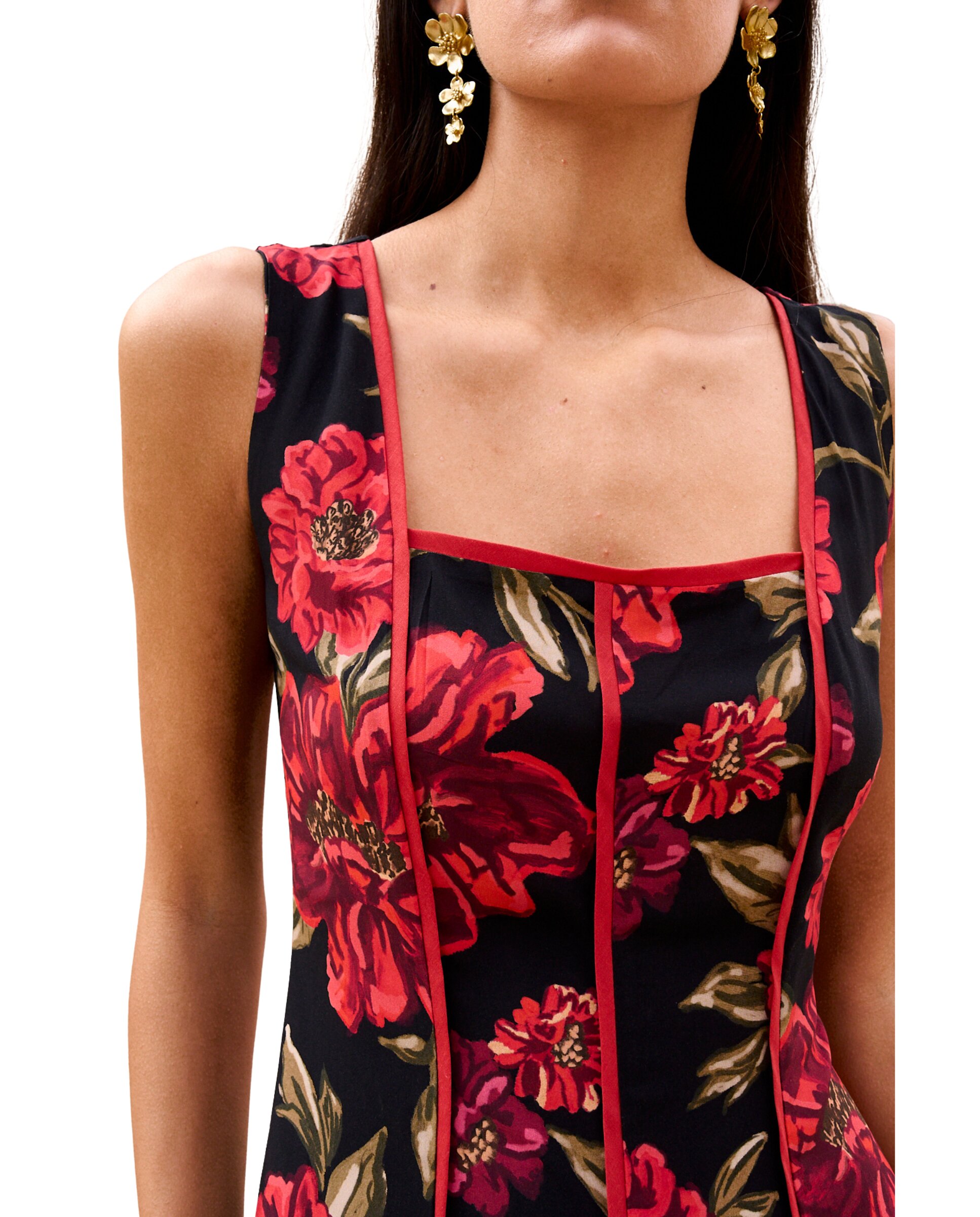 Vestido Comprido Estampado com Decote Quadrado Preto / Vermelho-6
