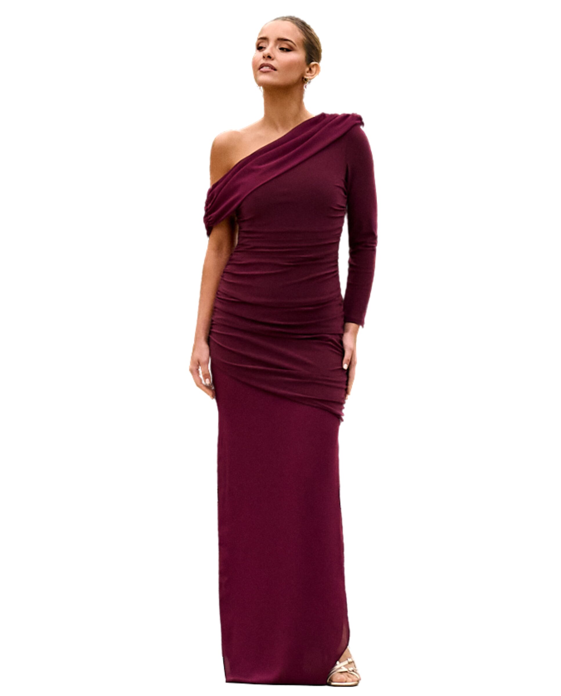 Vestido Comprido com Decote Bardot e Ombro Descoberto Bordeaux-2
