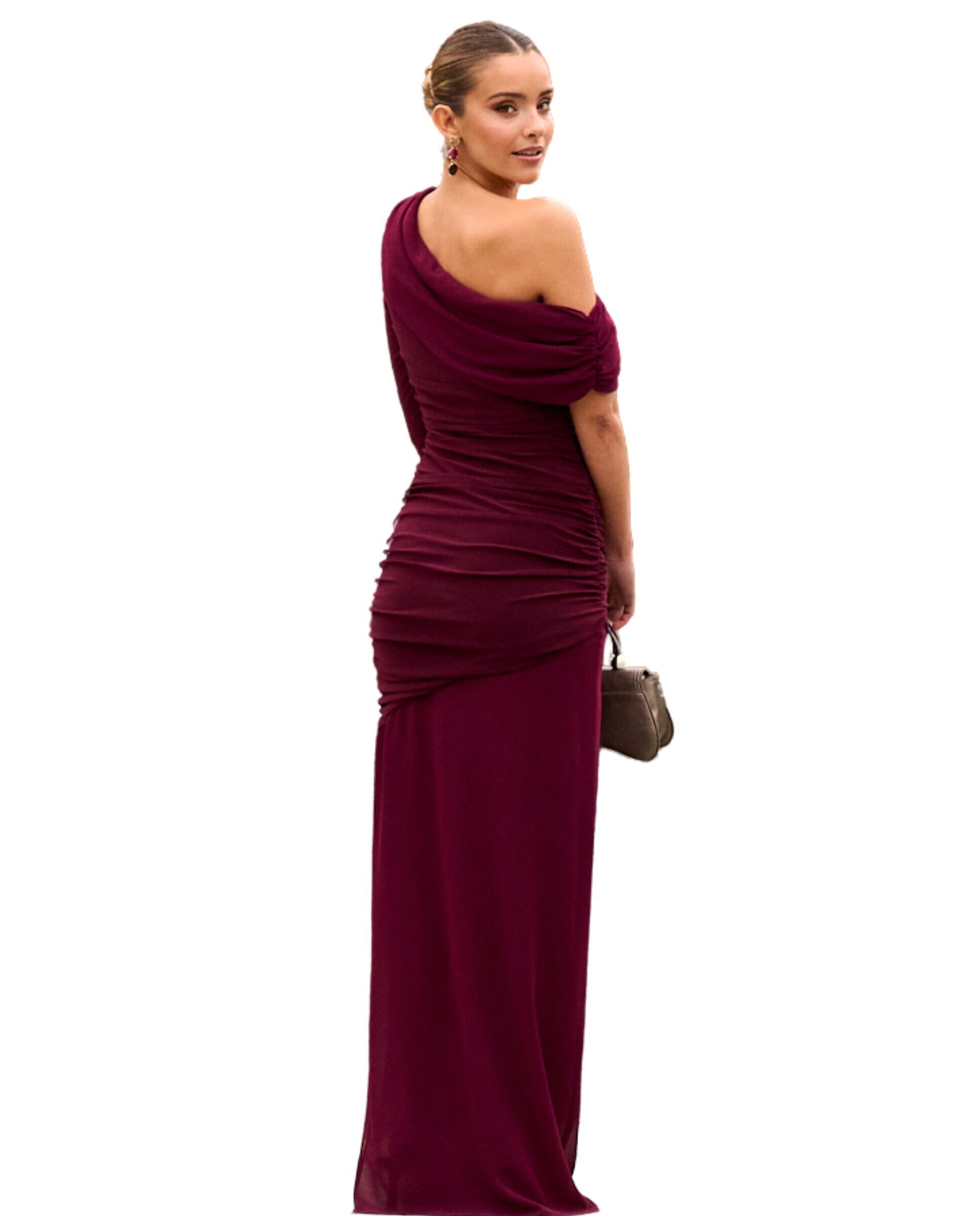 Vestido Comprido com Decote Bardot e Ombro Descoberto Bordeaux-4