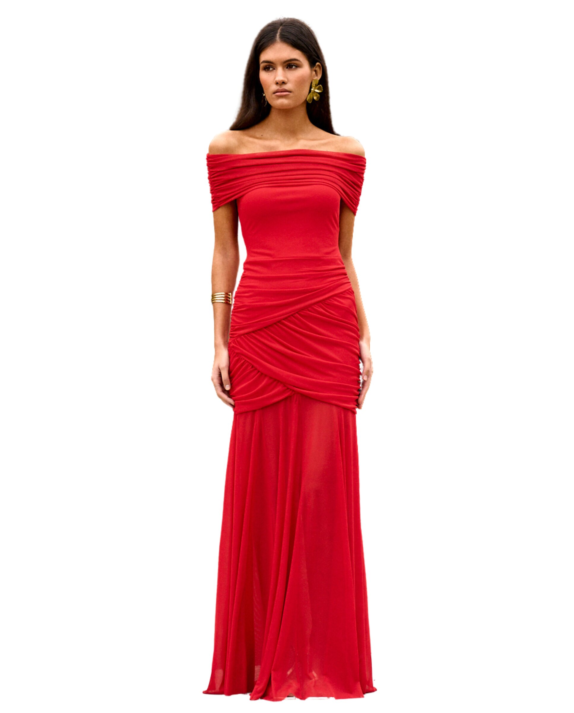 Vestido Comprido com Decote Bardot Drapeado Vermelho-1