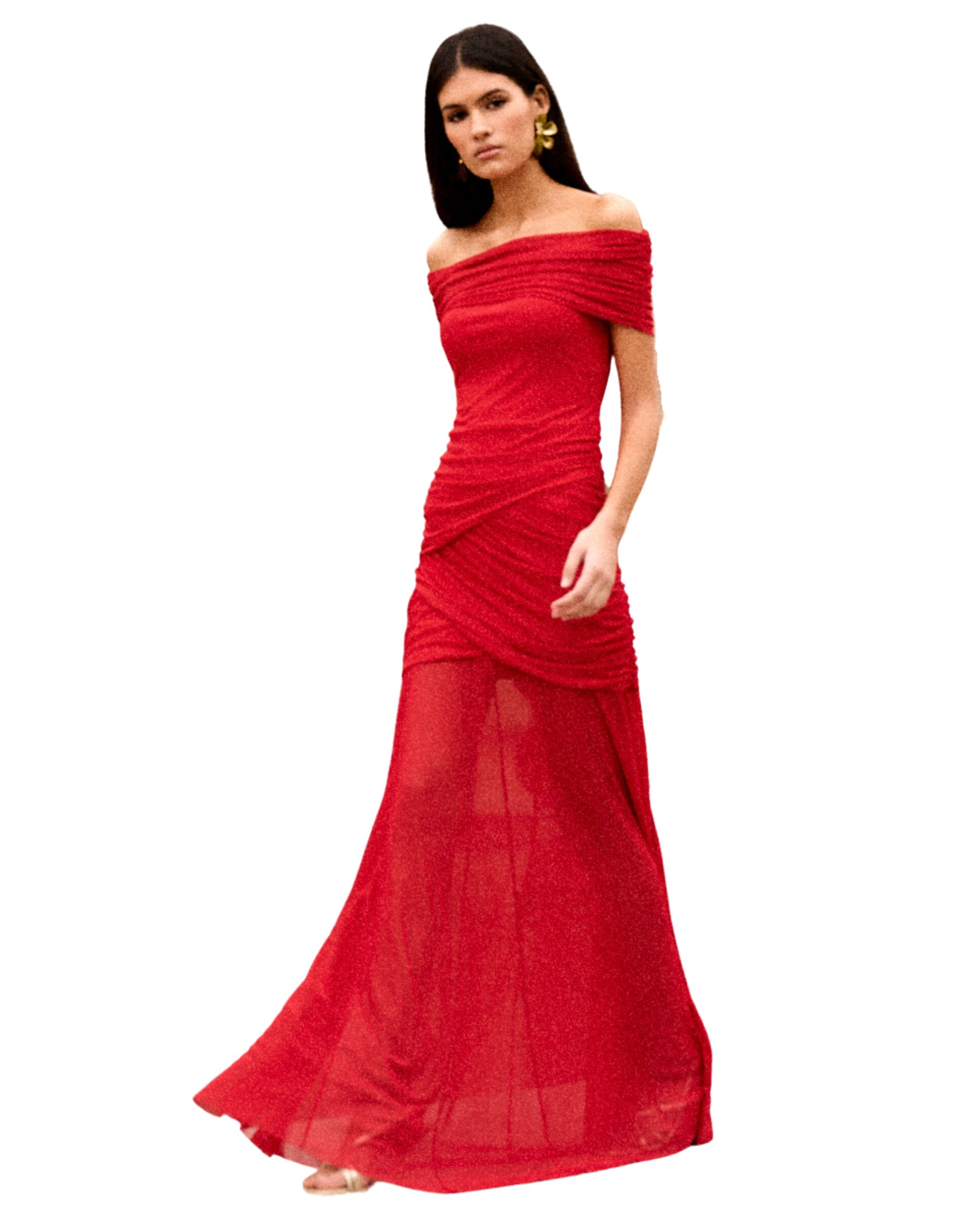 Vestido Comprido com Decote Bardot Drapeado Vermelho-2