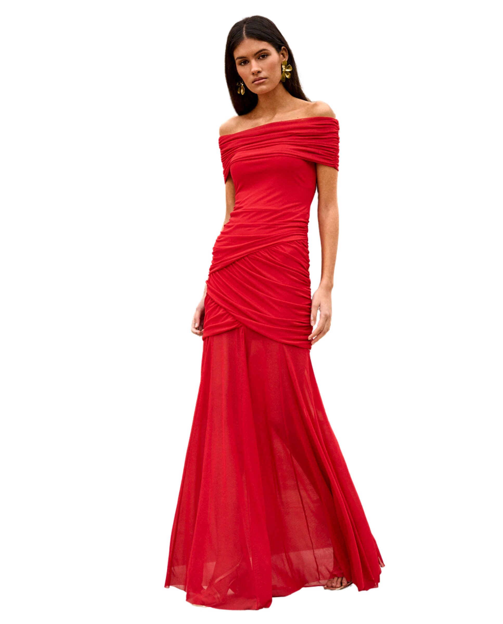 Vestido Comprido com Decote Bardot Drapeado Vermelho-3