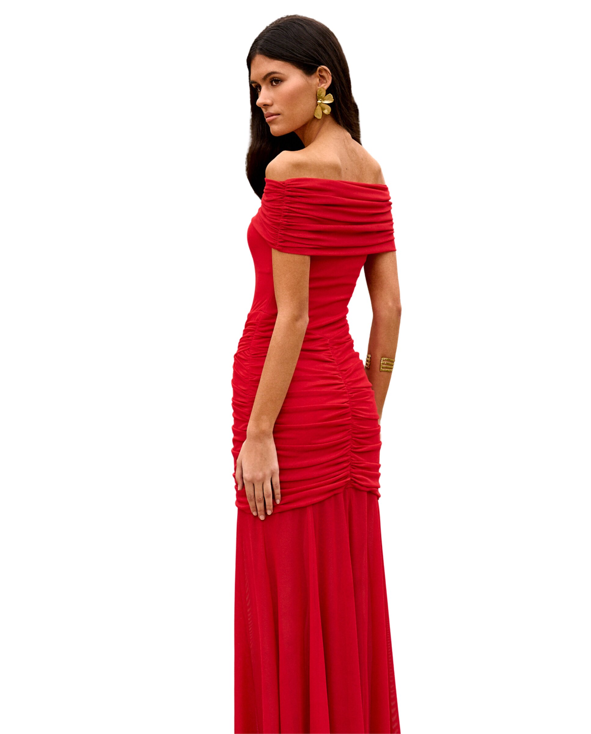 Vestido Comprido com Decote Bardot Drapeado Vermelho-6