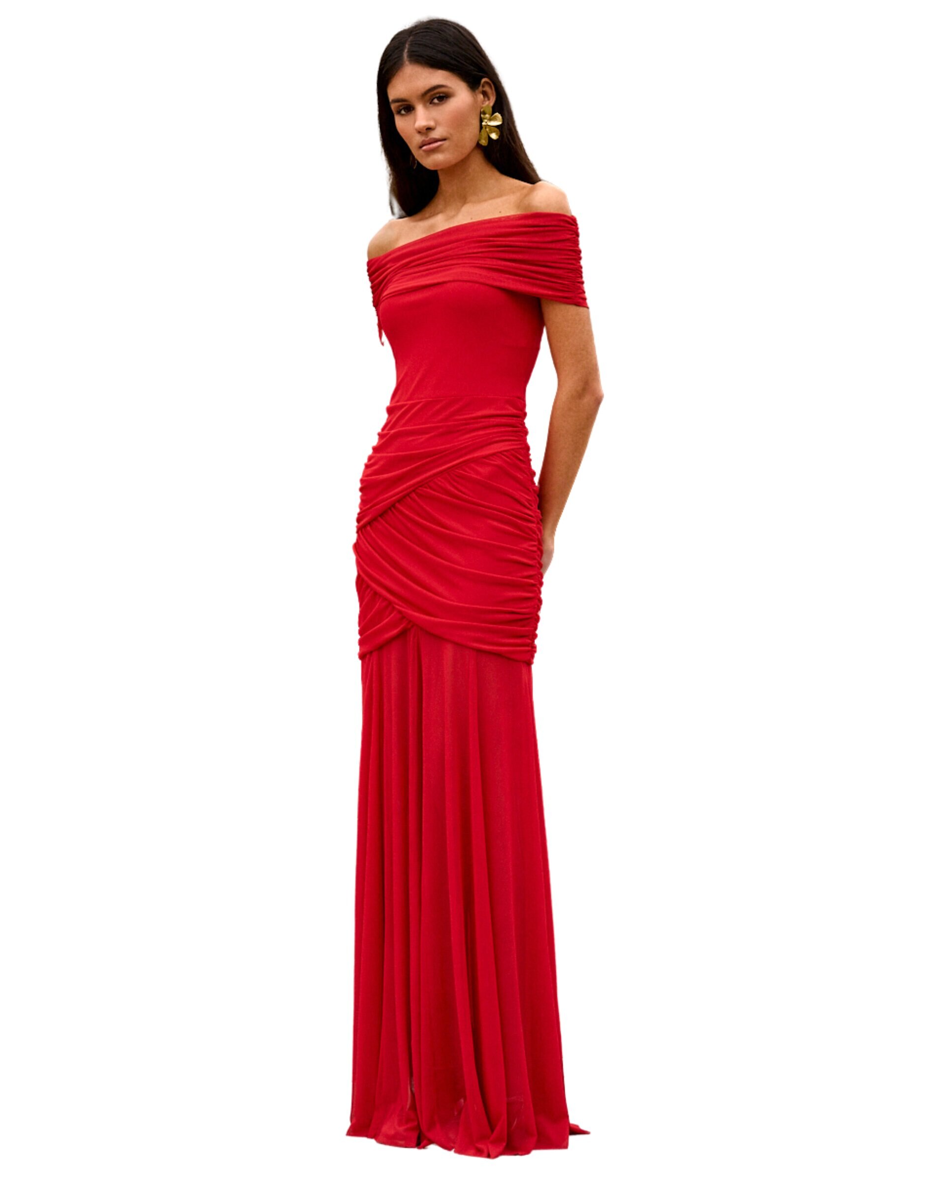 Vestido Comprido com Decote Bardot Drapeado Vermelho-4