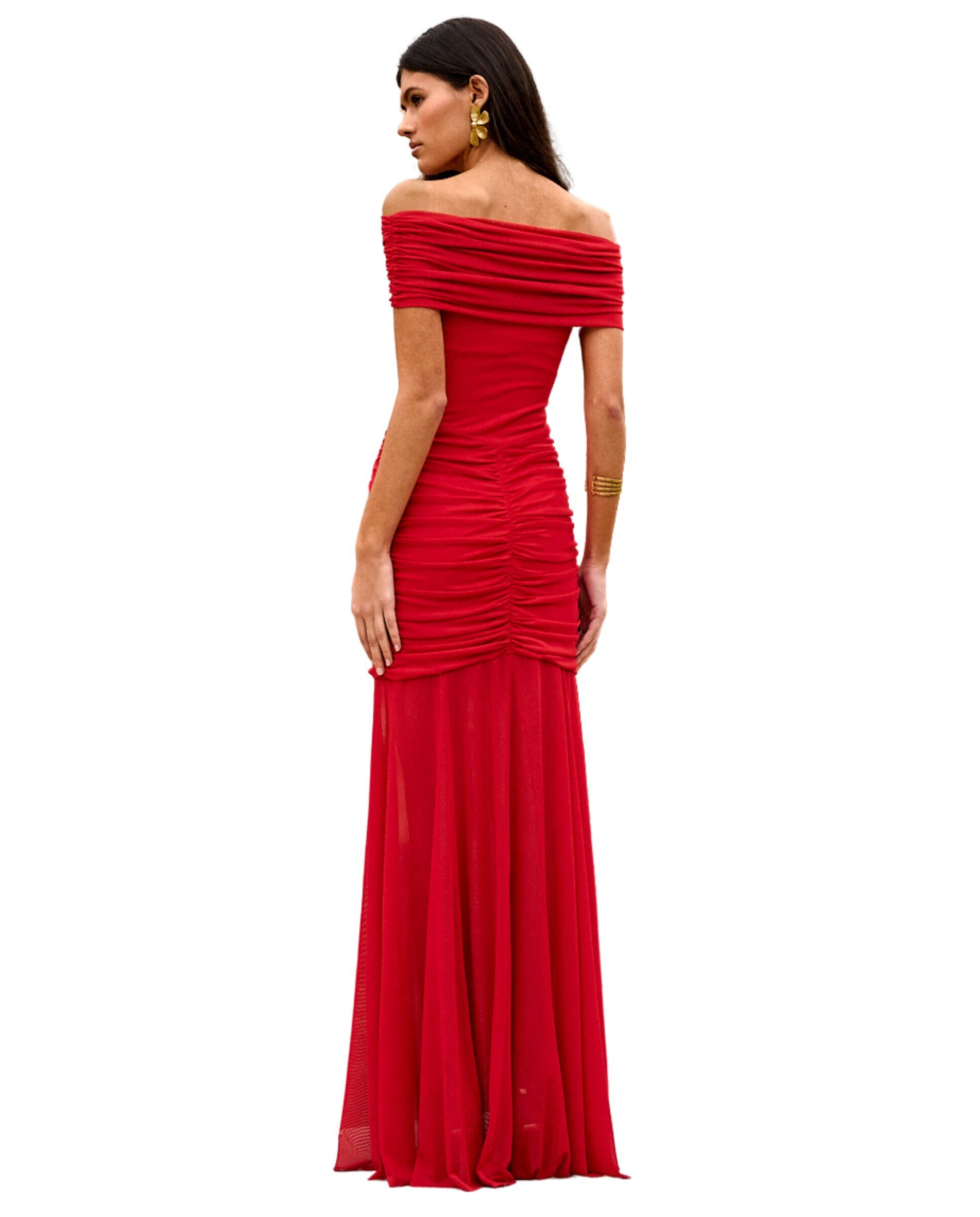 Vestido Comprido com Decote Bardot Drapeado Vermelho-5