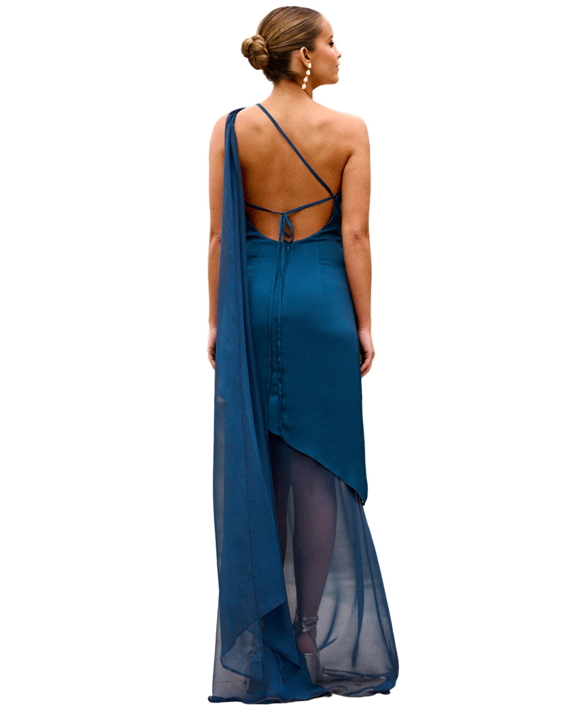 Vestido Comprido Assimétrico com Xaile Multiposições Petróleo-2