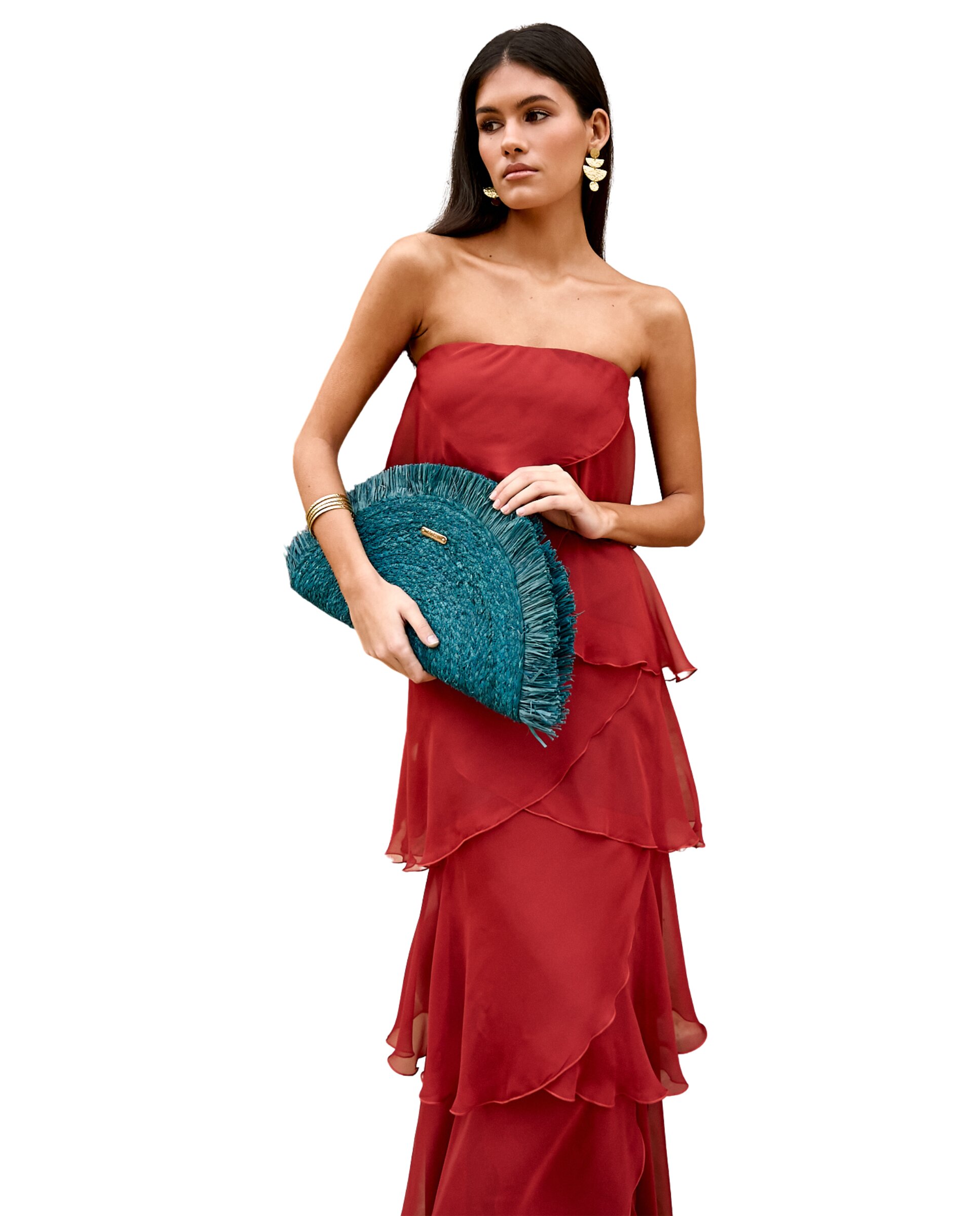 Vestido Midi com Decote Palavra de Honra e Folhos Terracota-2