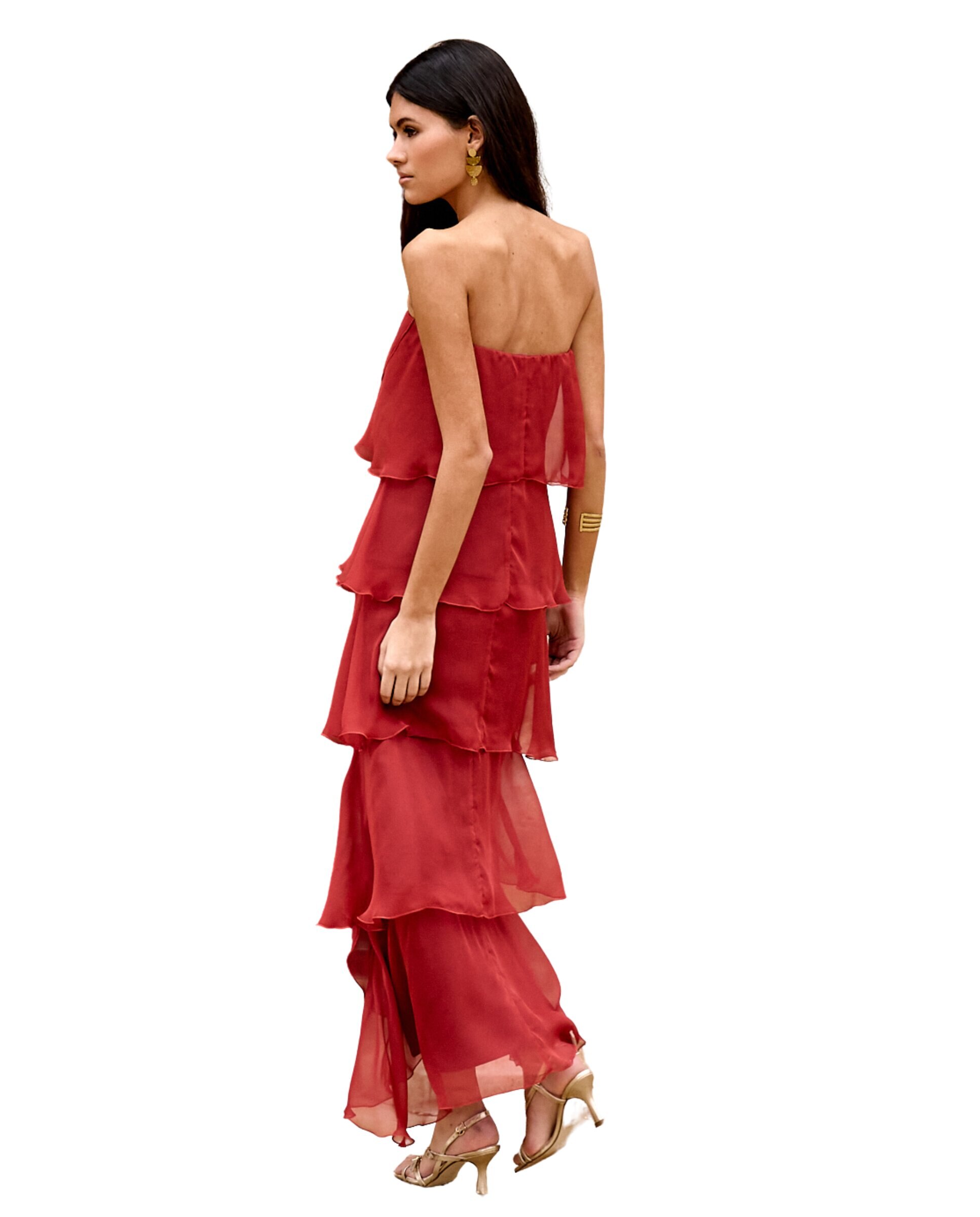 Vestido Midi com Decote Palavra de Honra e Folhos Terracota-3