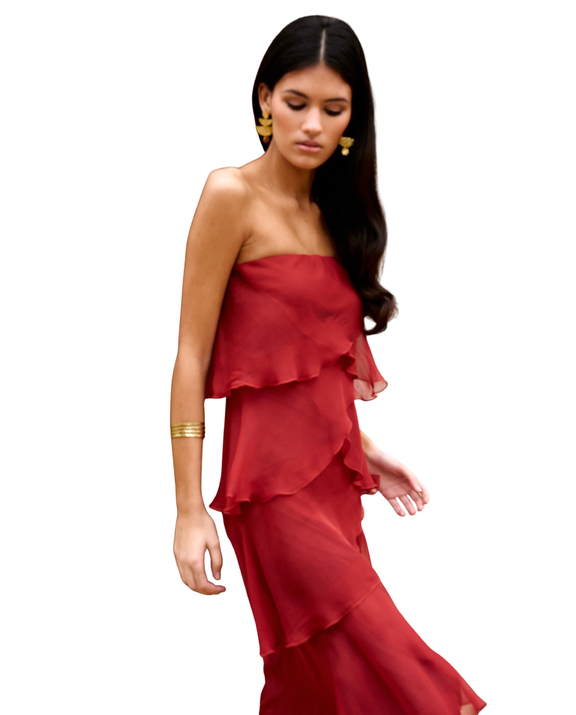 Vestido Midi com Decote Palavra de Honra e Folhos Terracota-4