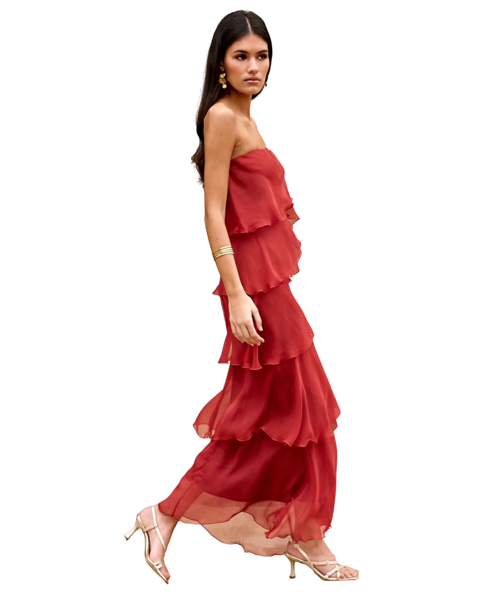 Vestido Midi com Decote Palavra de Honra e Folhos Terracota-5