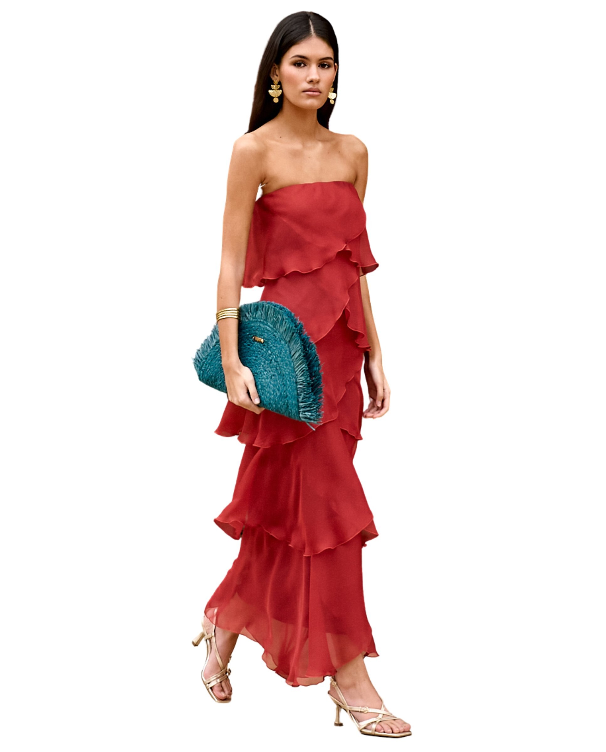 Vestido Midi com Decote Palavra de Honra e Folhos Terracota-6