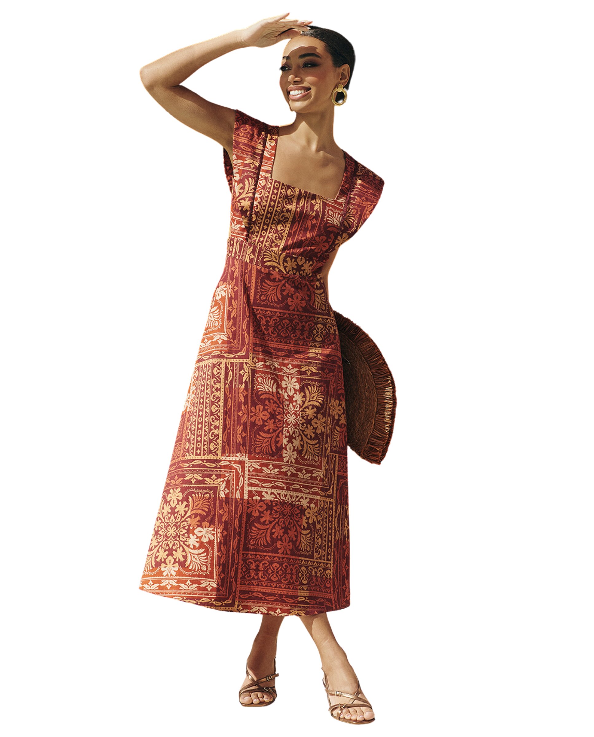 Vestido Midi Estampado com Manga Sisa Grená-2