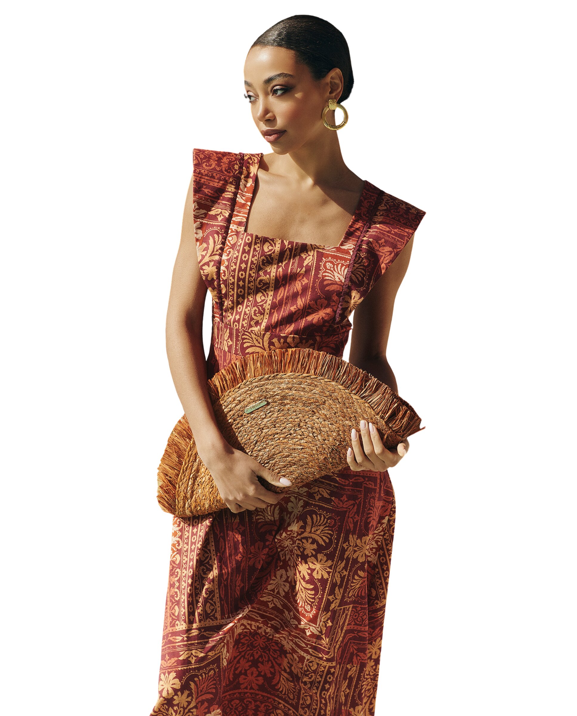 Vestido Midi Estampado com Manga Sisa Grená-3