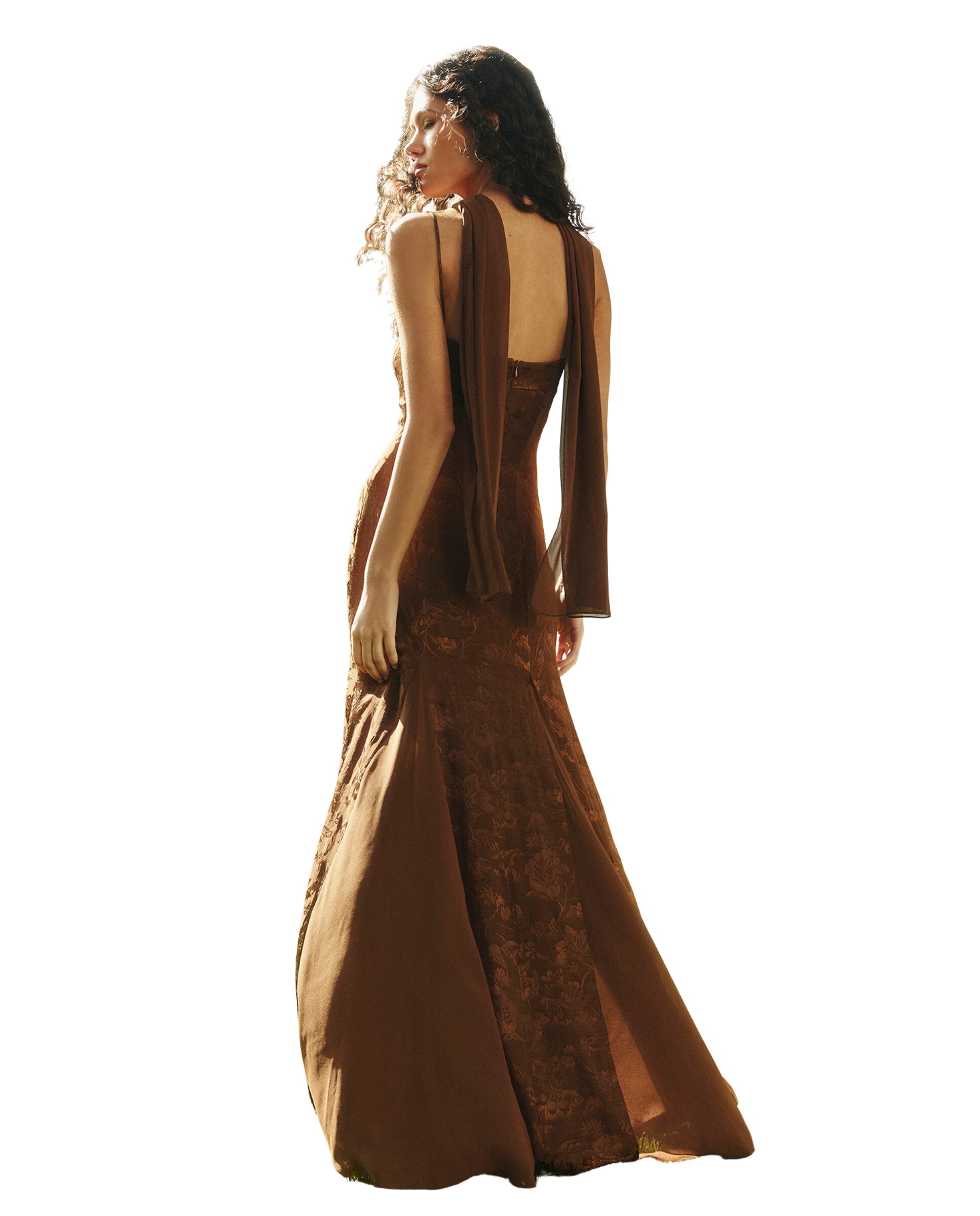 Vestido Comprido em Gase com Folhos em Relevo Castanho-2
