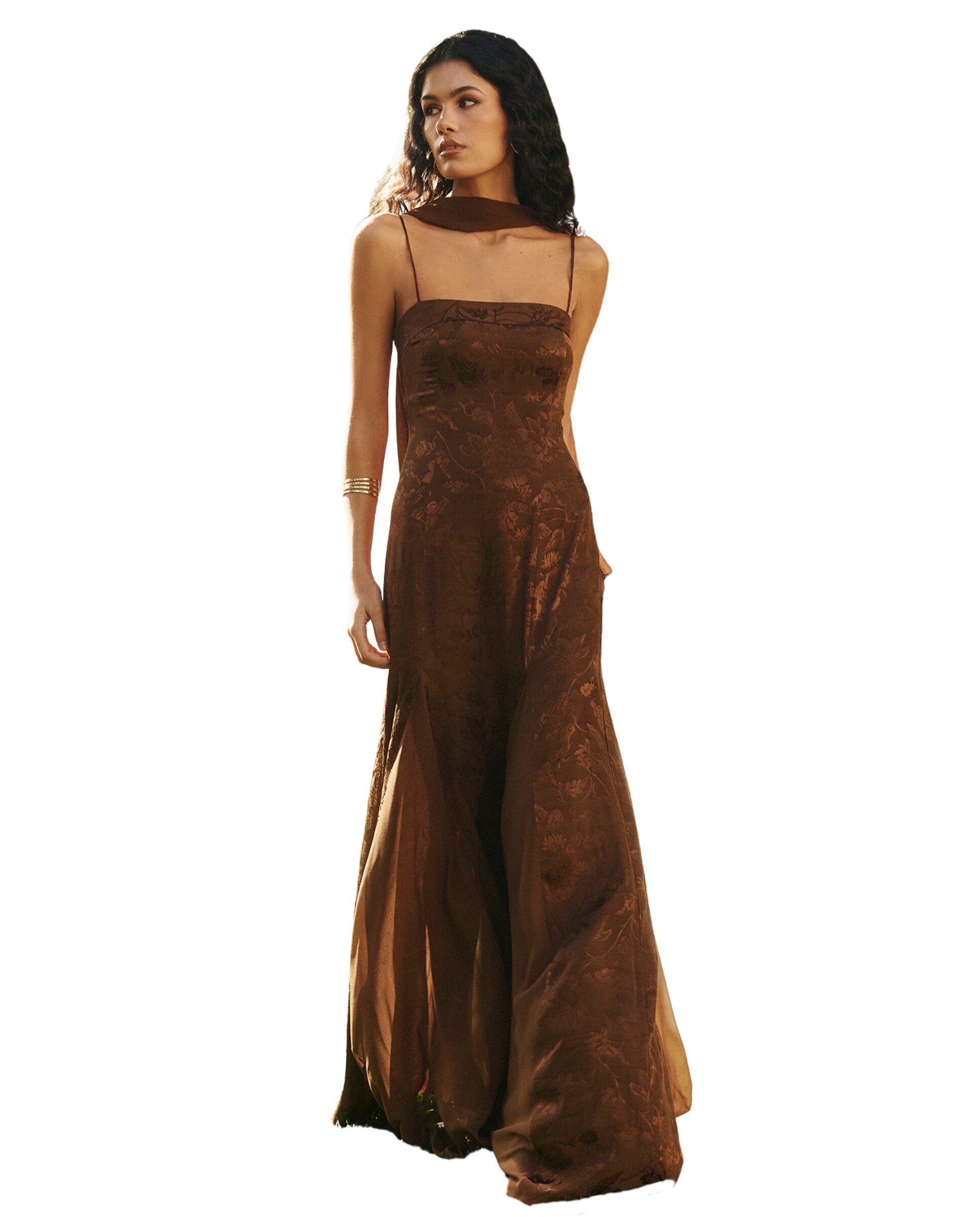 Vestido Comprido em Gase com Folhos em Relevo Castanho-4