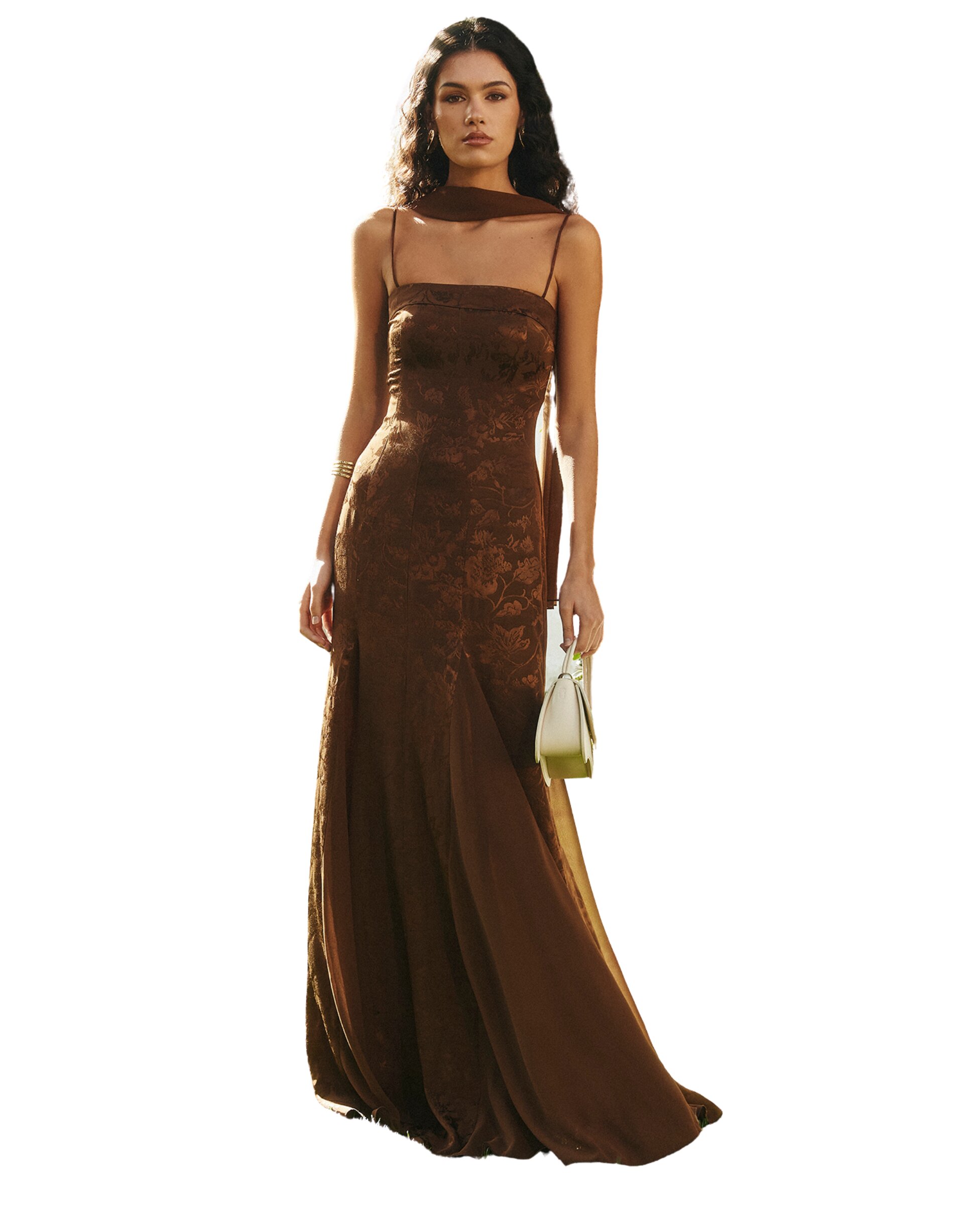 Vestido Comprido em Gase com Folhos em Relevo Castanho-5