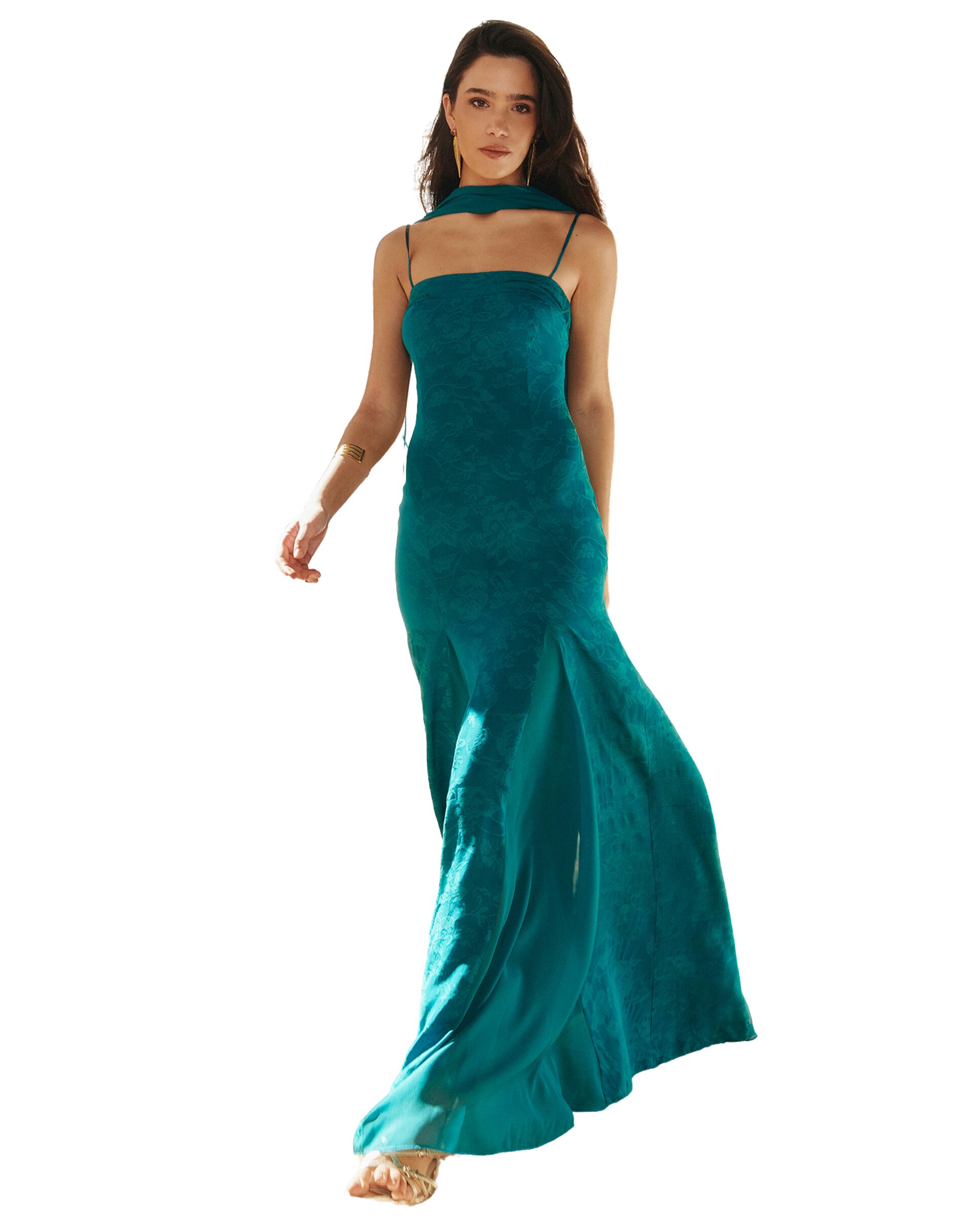 Imagem 0 de Vestido Comprido em Gase com Folhos em Relevo