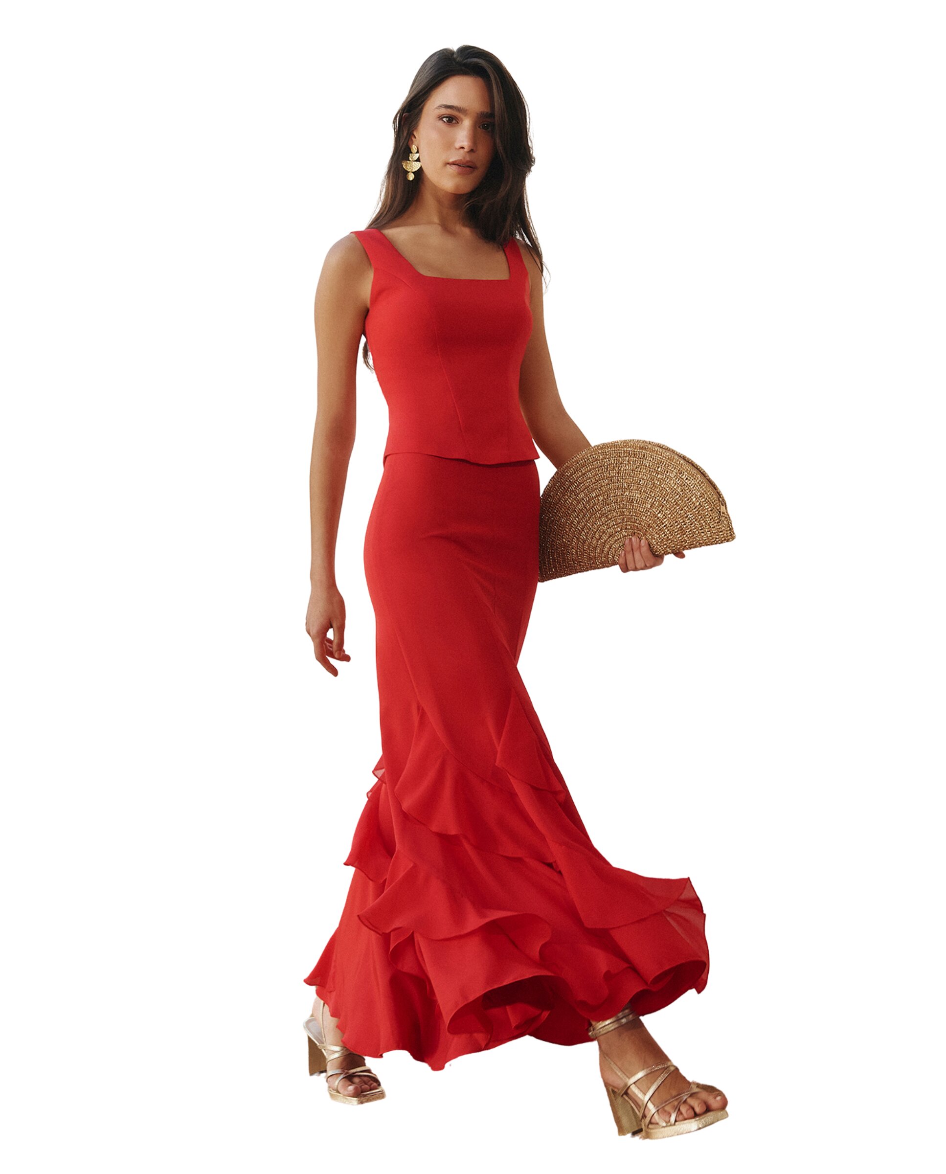 Saia Midi de Cintura Alta com Folhos Assimétricos Vermelho-2