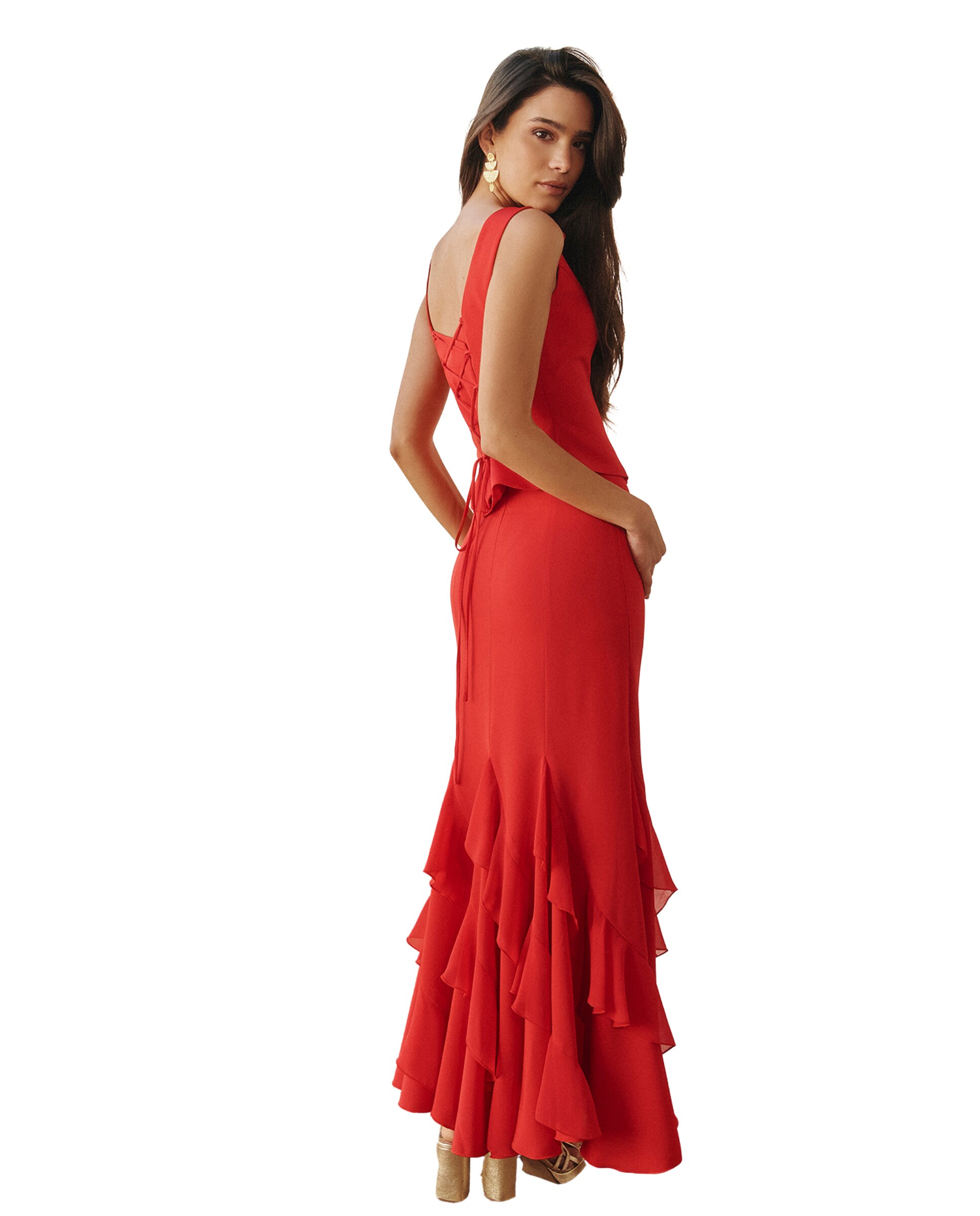 Saia Midi de Cintura Alta com Folhos Assimétricos Vermelho-3