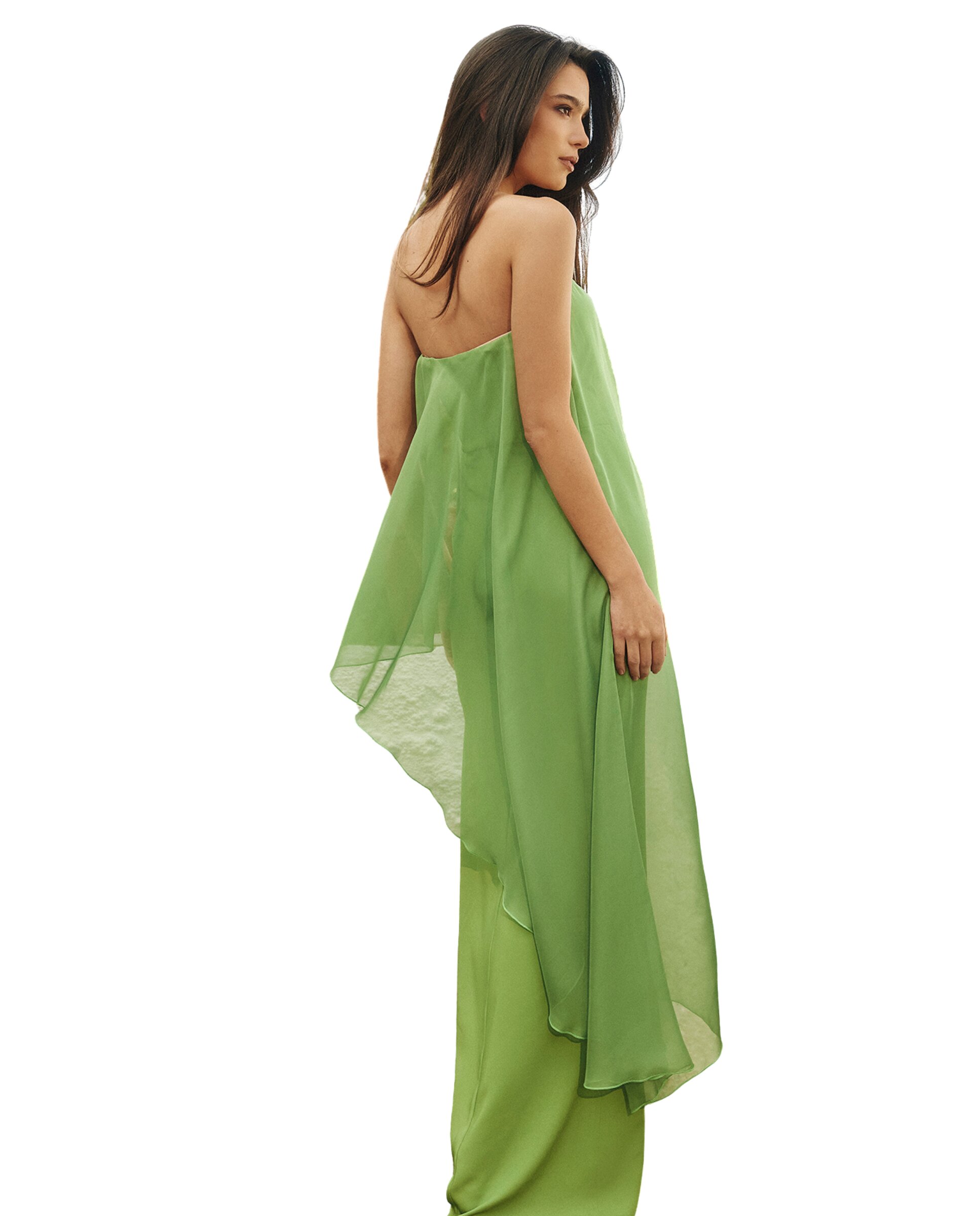 Vestido Comprido Fluído com Capa em Contraste Verde-claro-2