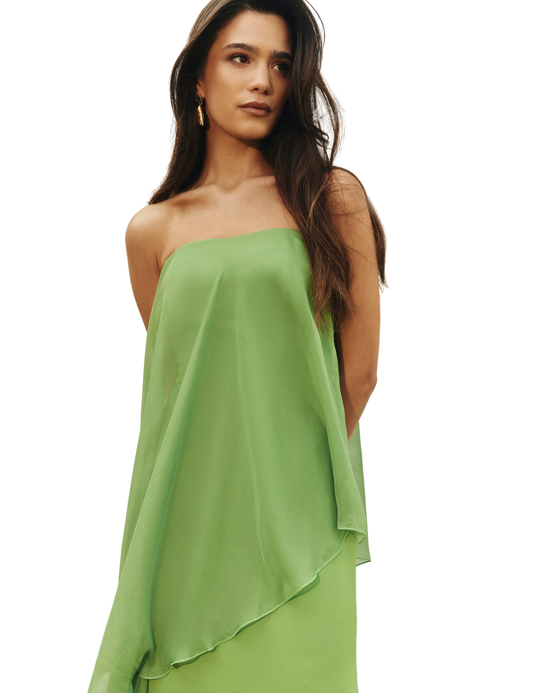 Vestido Comprido Fluído com Capa em Contraste Verde-claro-3