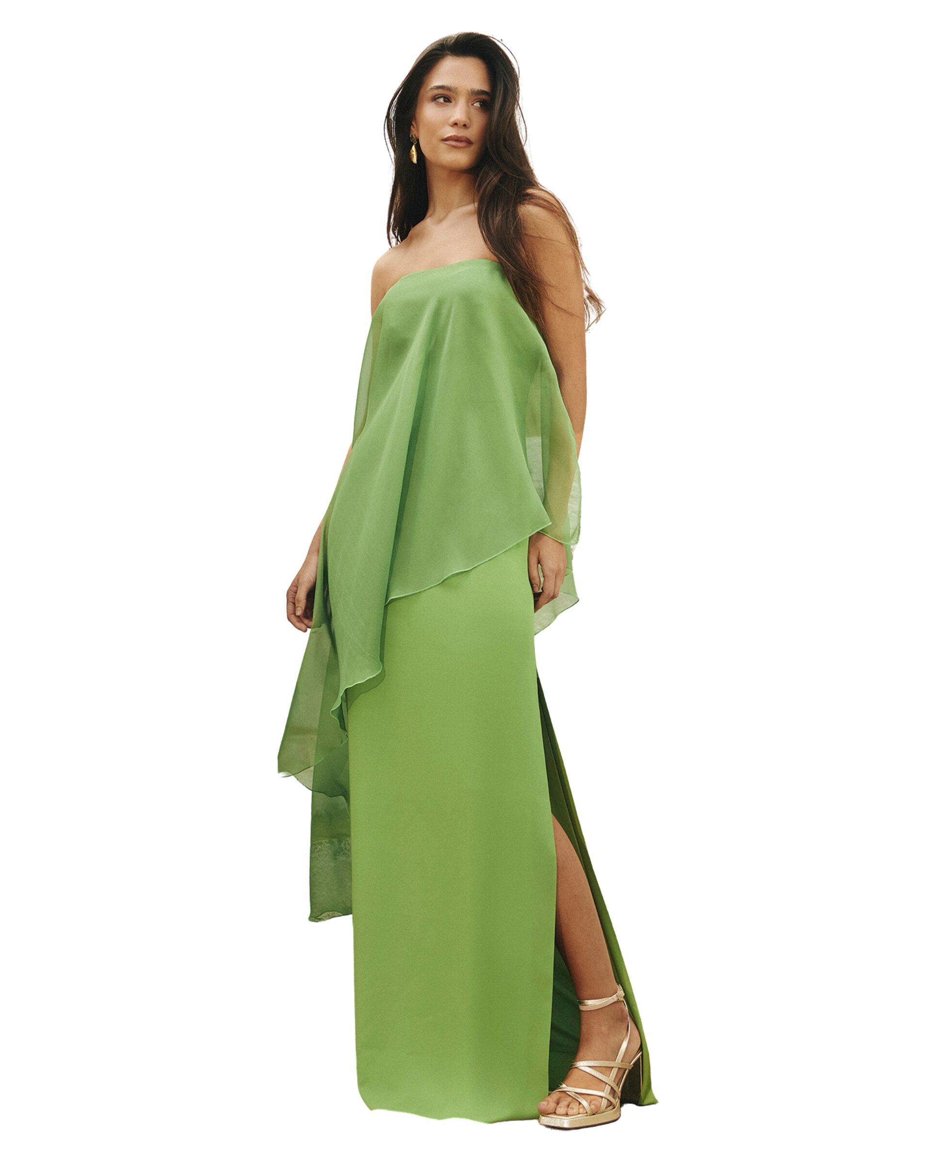 Vestido Comprido Fluído com Capa em Contraste Verde-claro-4