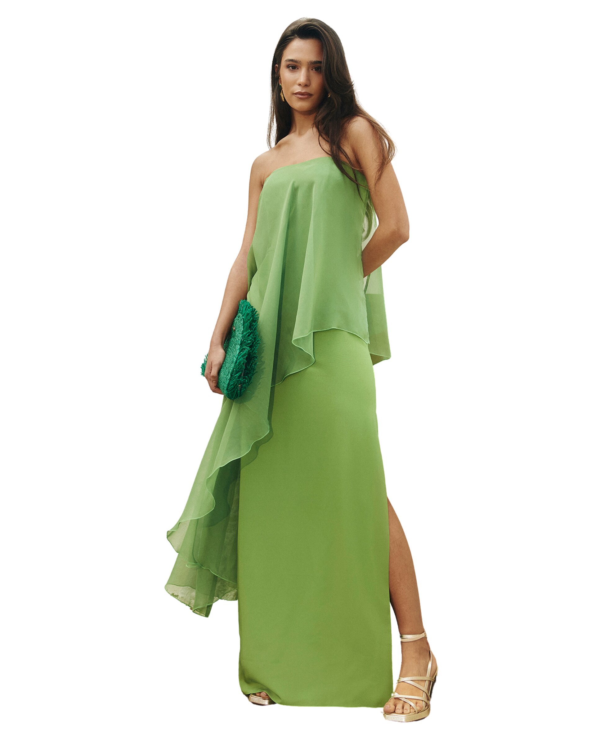 Vestido Comprido Fluído com Capa em Contraste Verde-claro-5