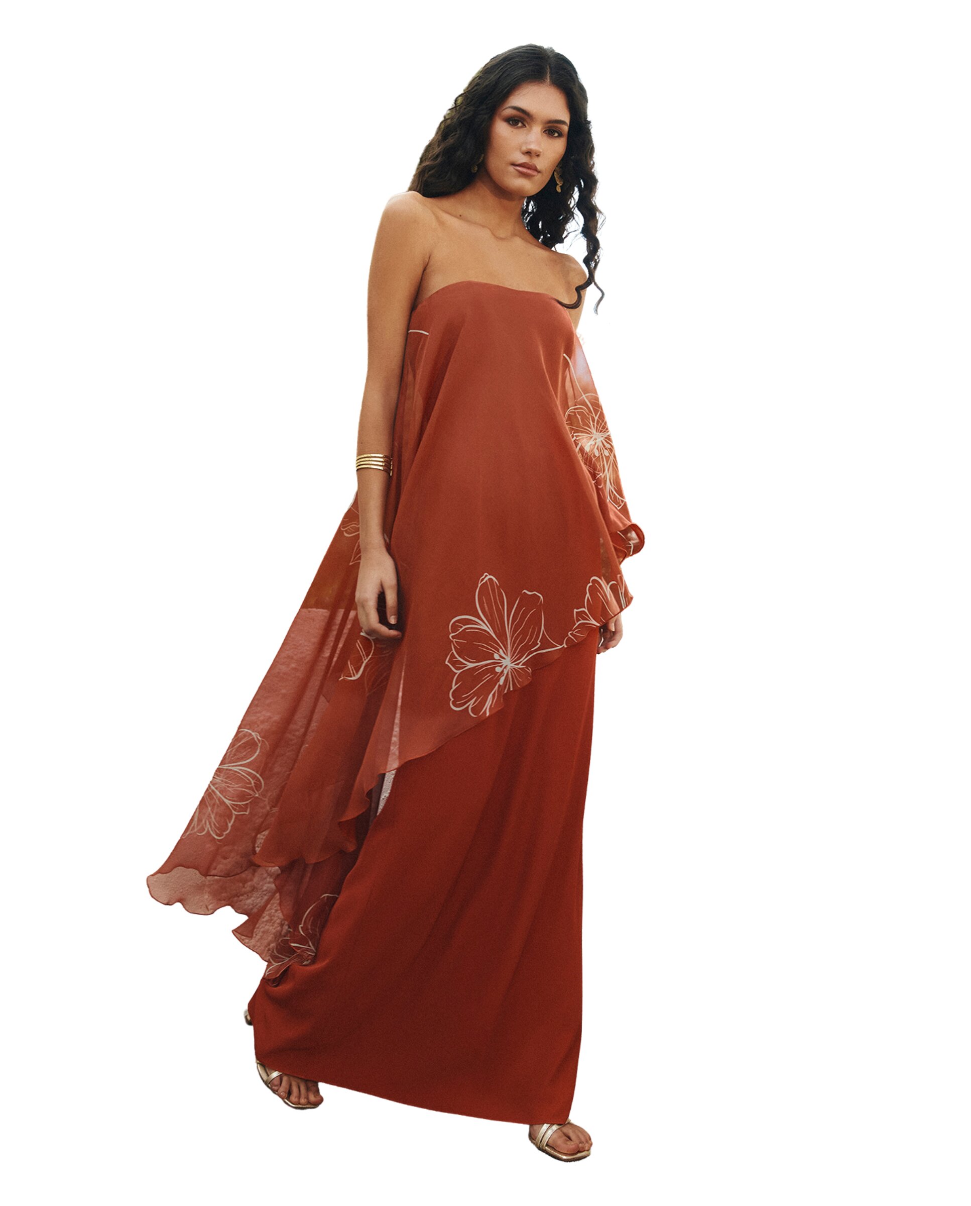 Vestido Comprido Fluido com Capa Estampada Terracota-1