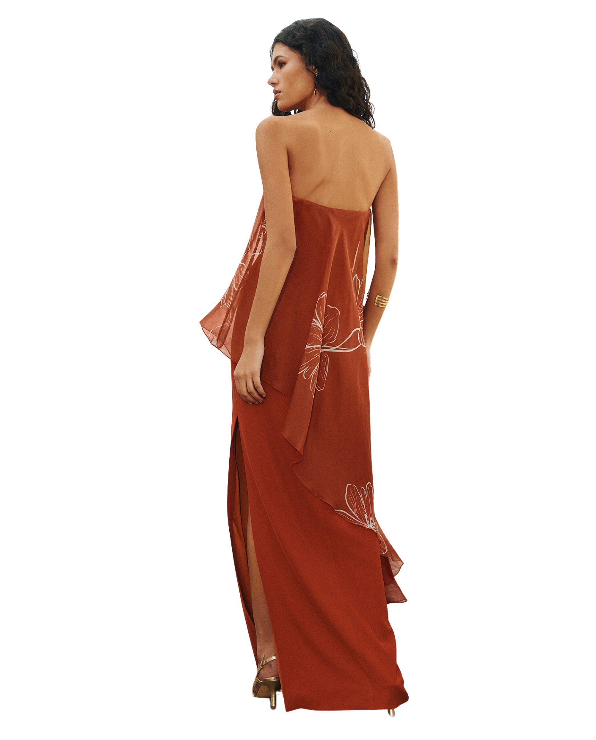 Vestido Comprido Fluido com Capa Estampada Terracota-2