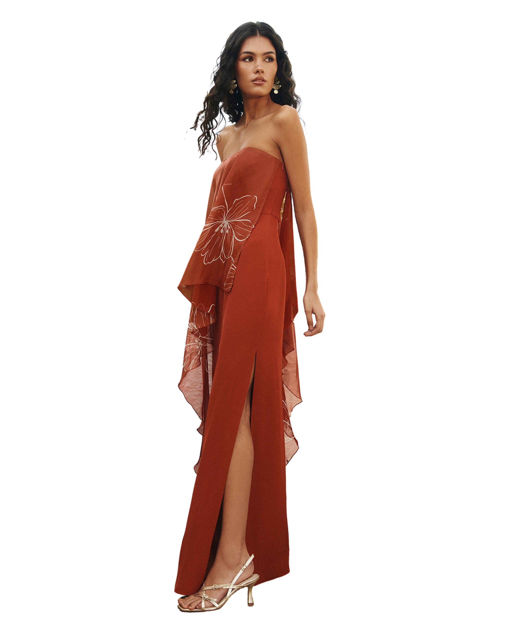 Vestido Comprido Fluido com Capa Estampada Terracota-3