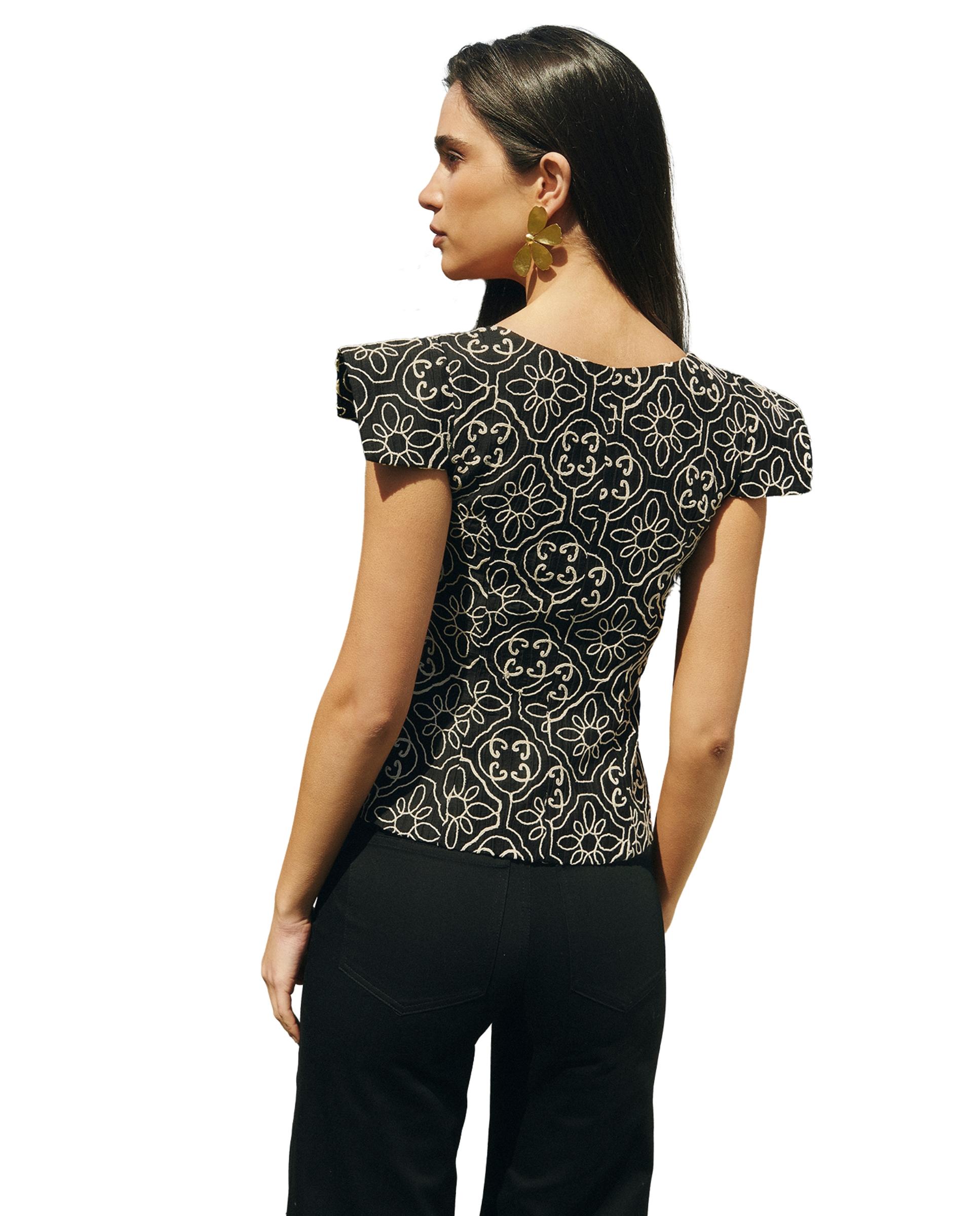 Top de mujer con silueta con efecto corsé estampado Preto-3