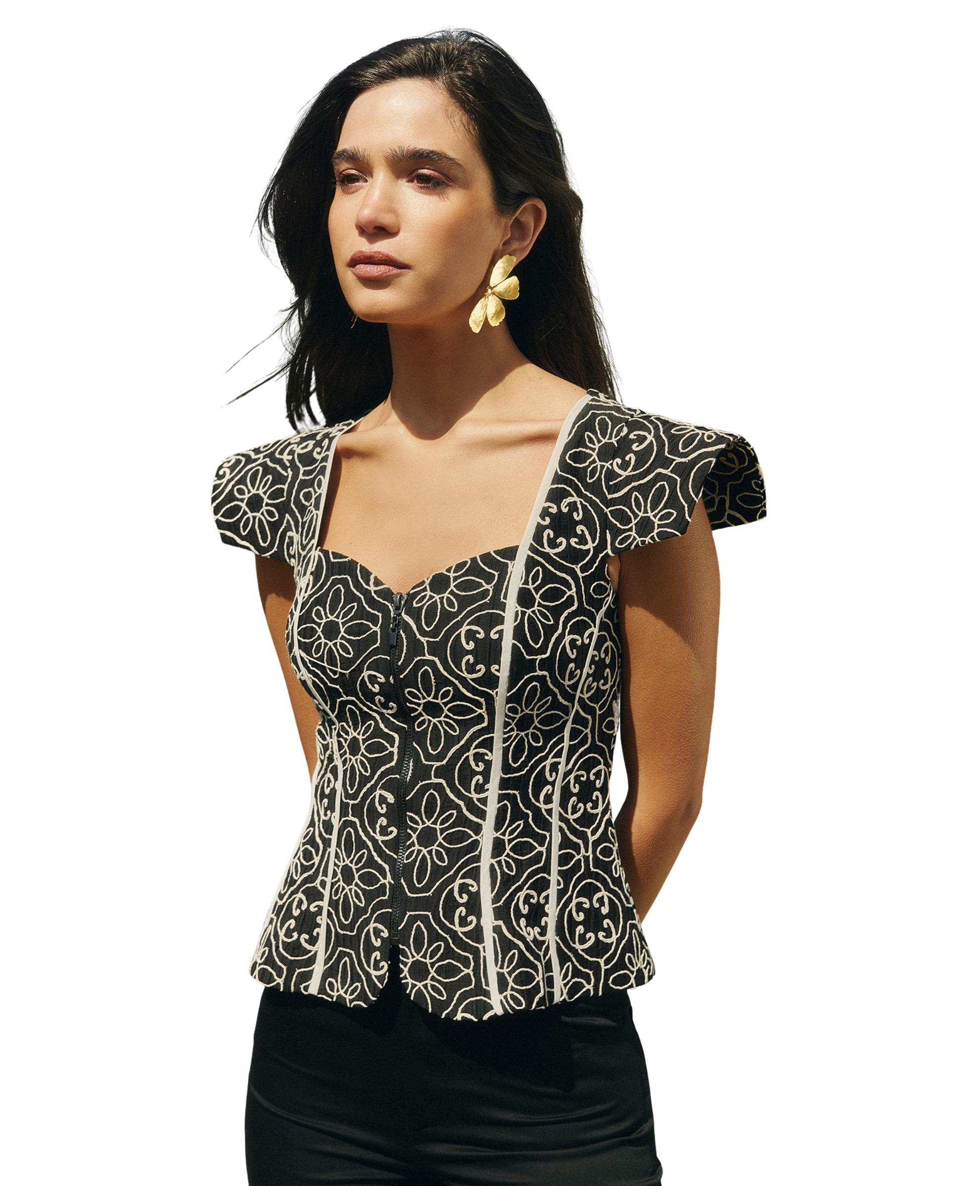 Top de mujer con silueta con efecto corsé estampado Preto-5