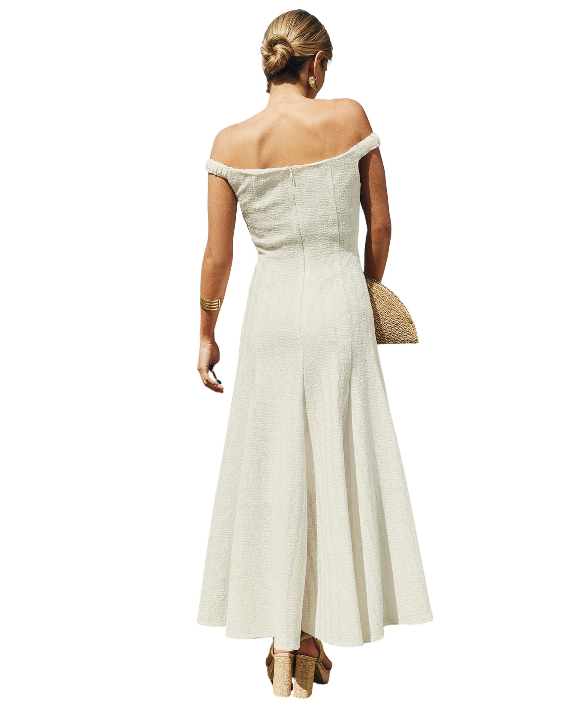 Vestido midi con silueta evasé y escote bardot Branco-marfim-2