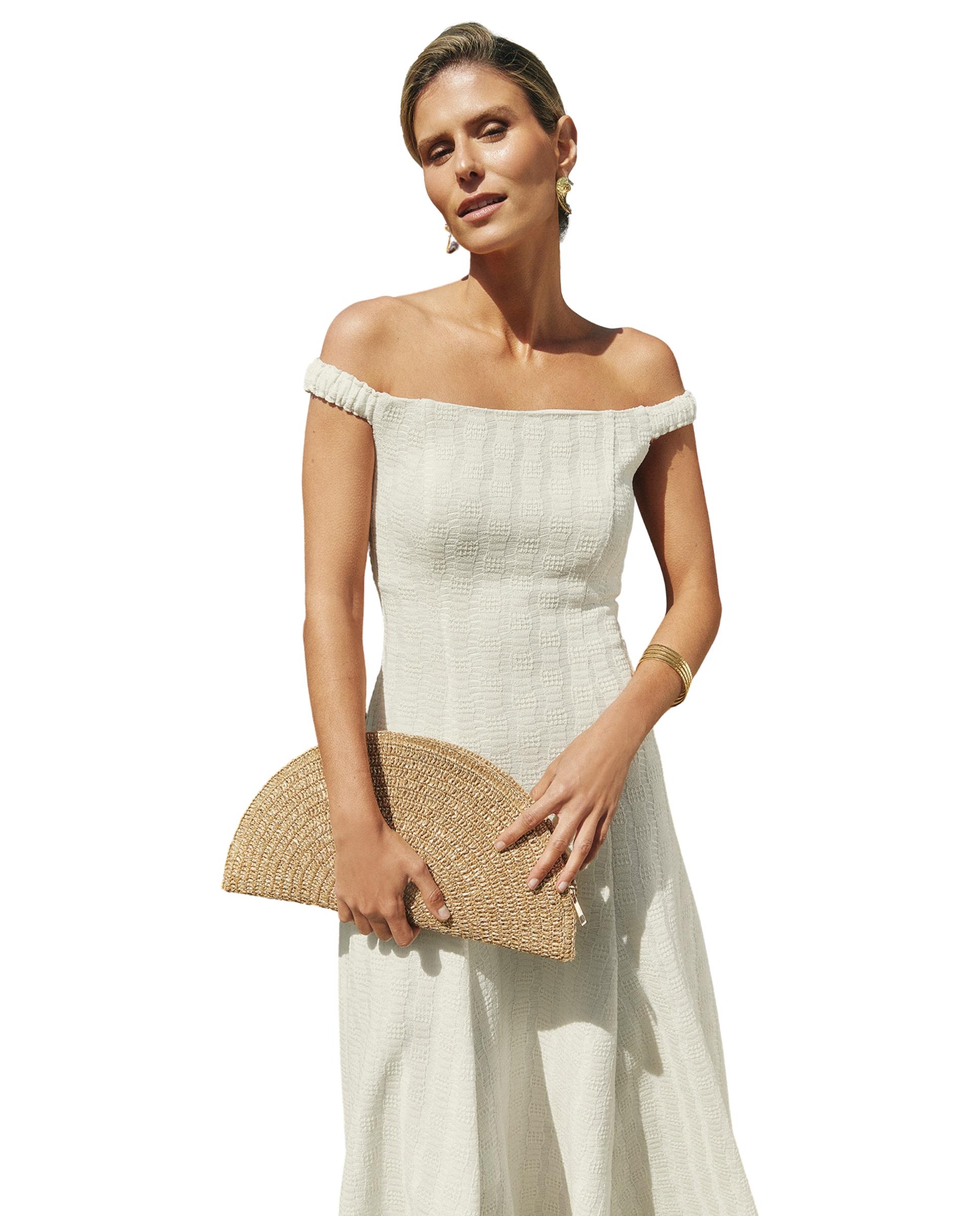 Vestido midi con silueta evasé y escote bardot Branco-marfim-3