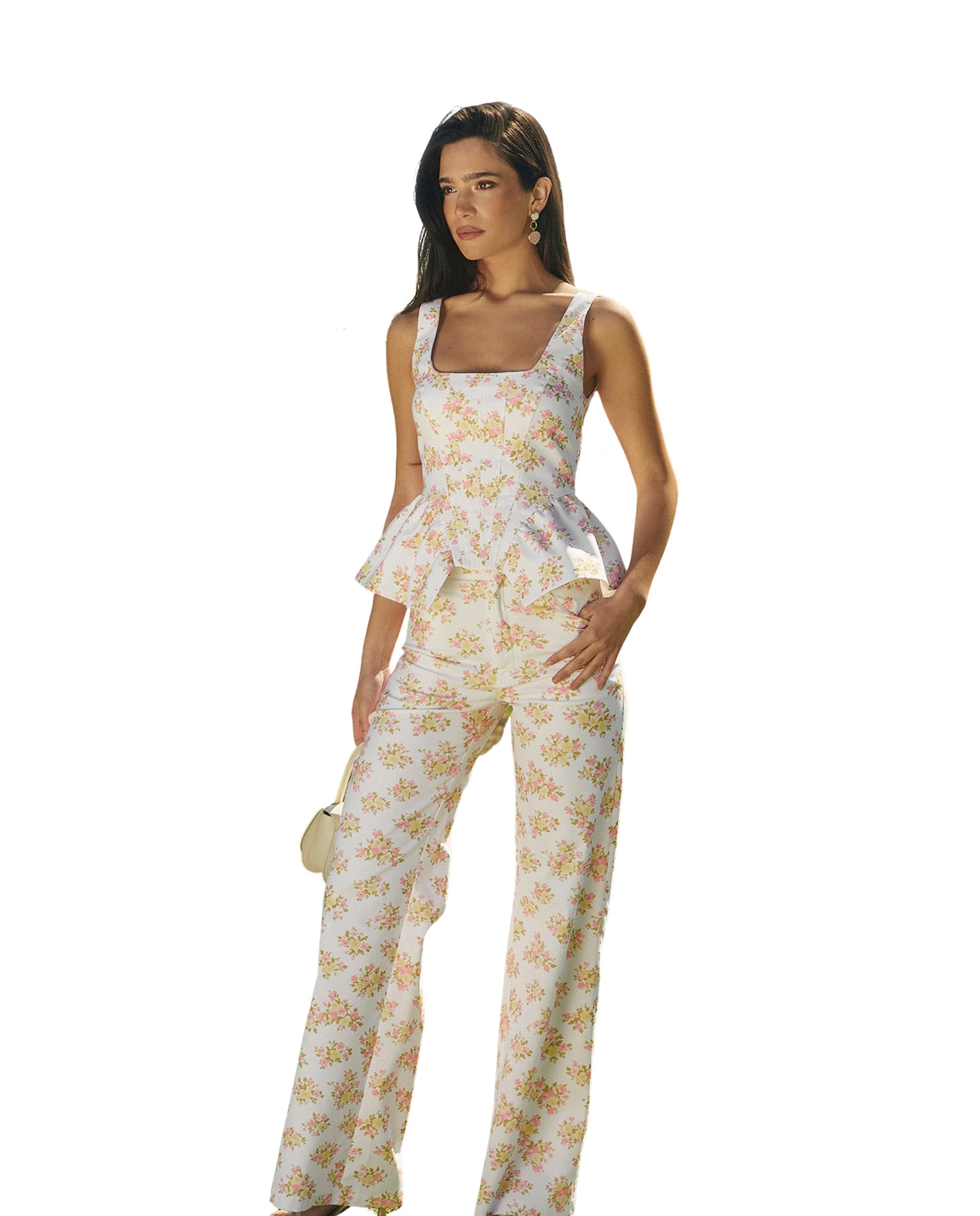 Pantalones rectos de mujer de algodón con estampado floral Branco-2