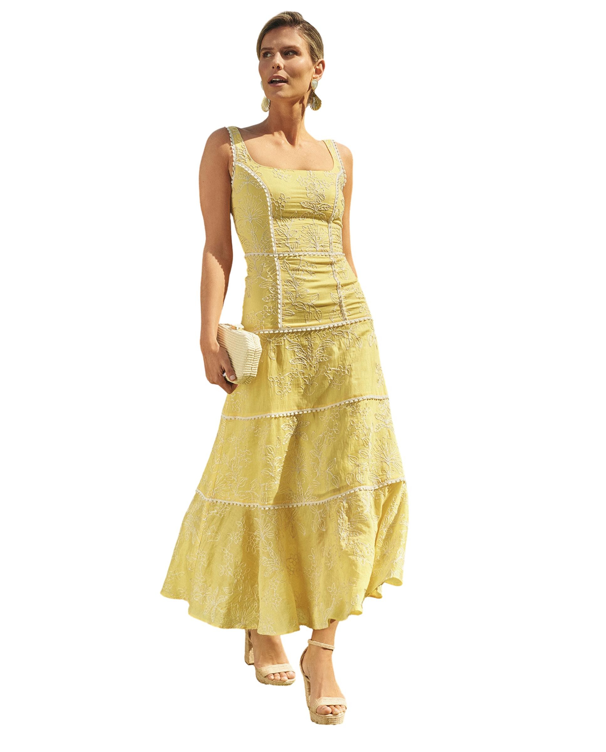 Vestido midi con bordados y tirante ancho Amarelo-3