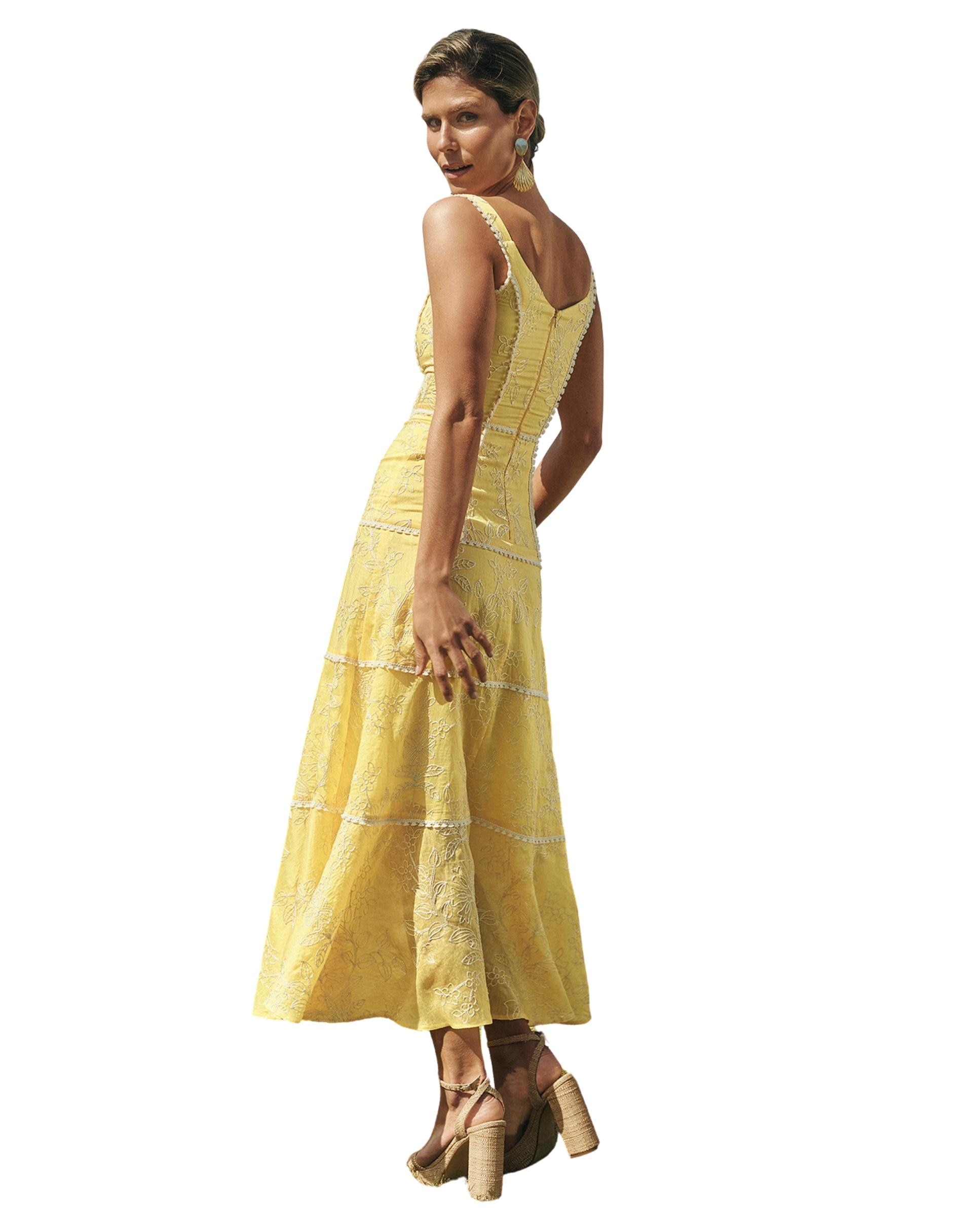 Vestido midi con bordados y tirante ancho Amarelo-4