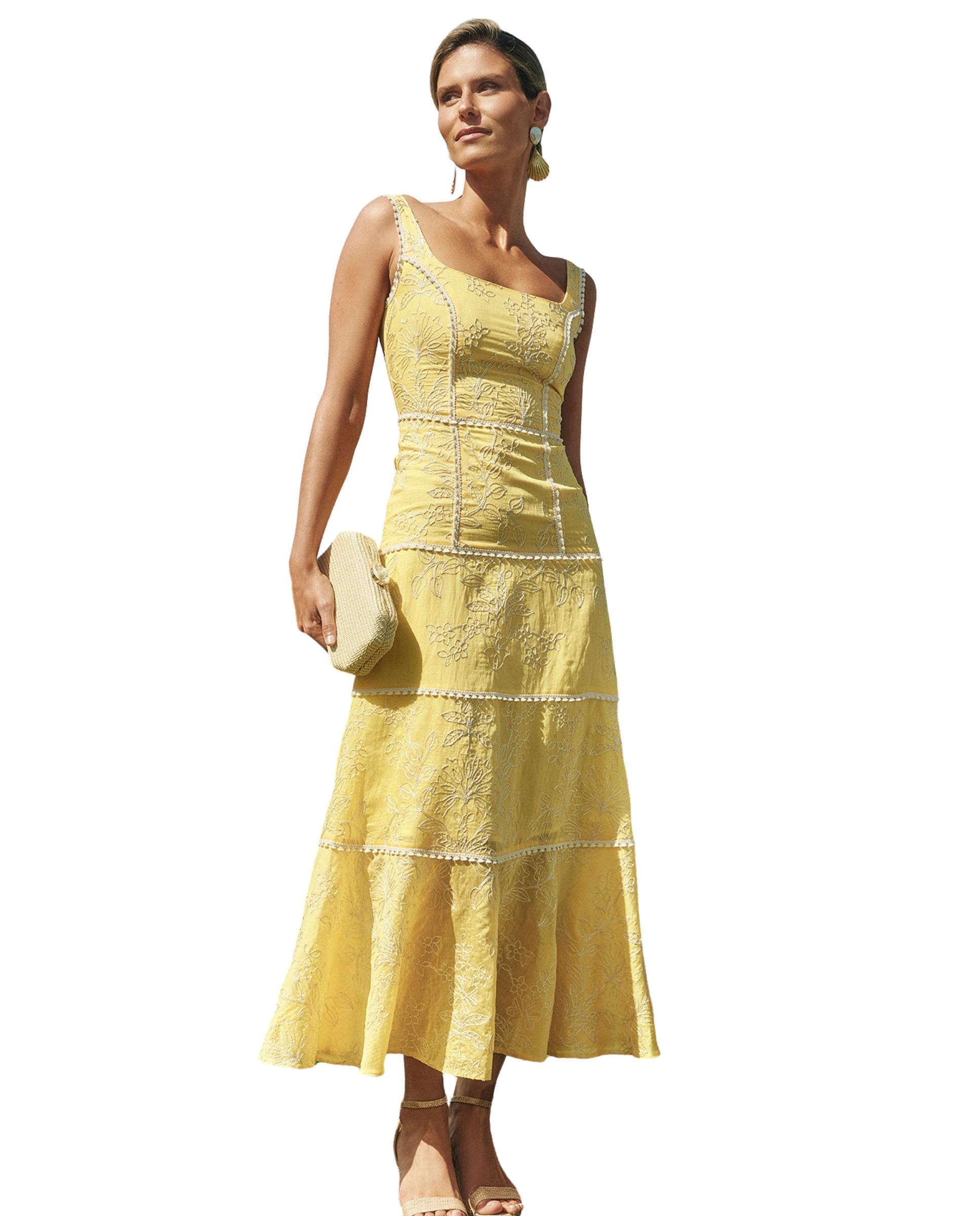 Vestido midi con bordados y tirante ancho Amarelo-5