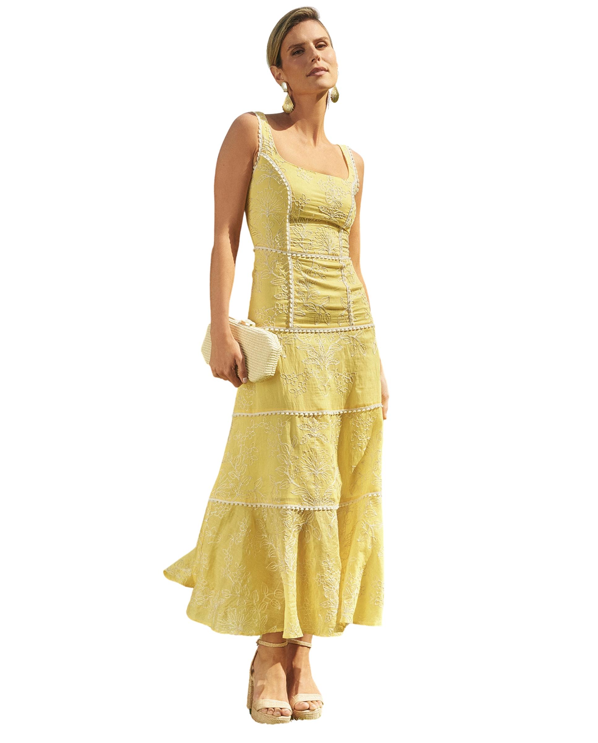 Vestido midi con bordados y tirante ancho Amarelo-7