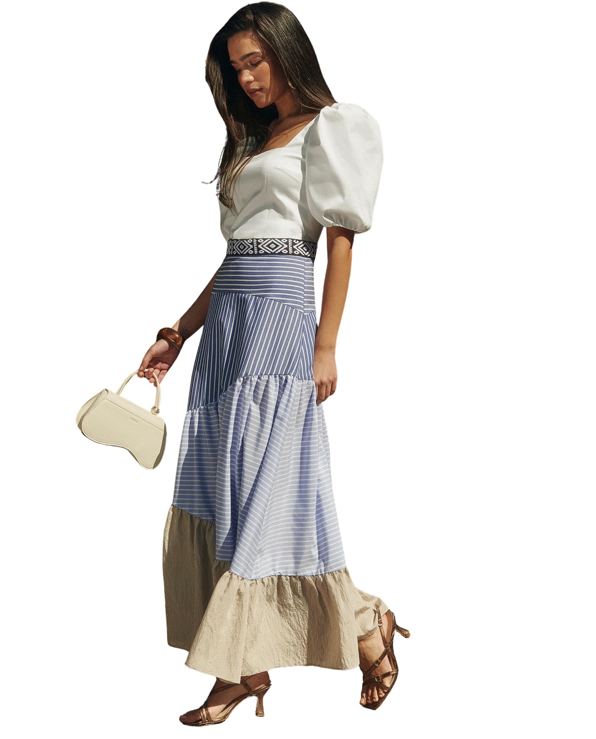 Falda larga boho-chic con estampado de rayas Azul-2