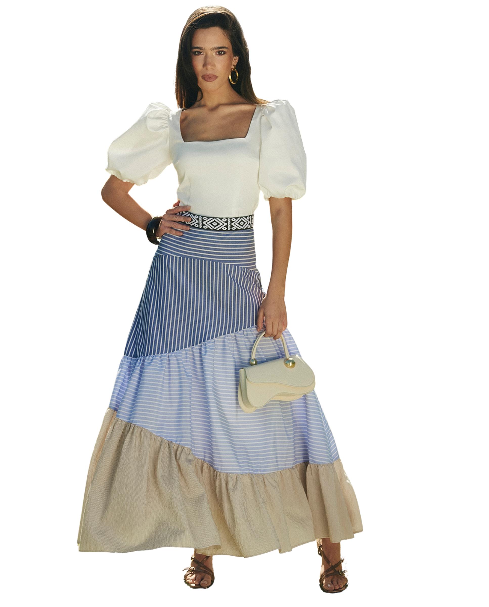 Falda larga boho-chic con estampado de rayas Azul-4