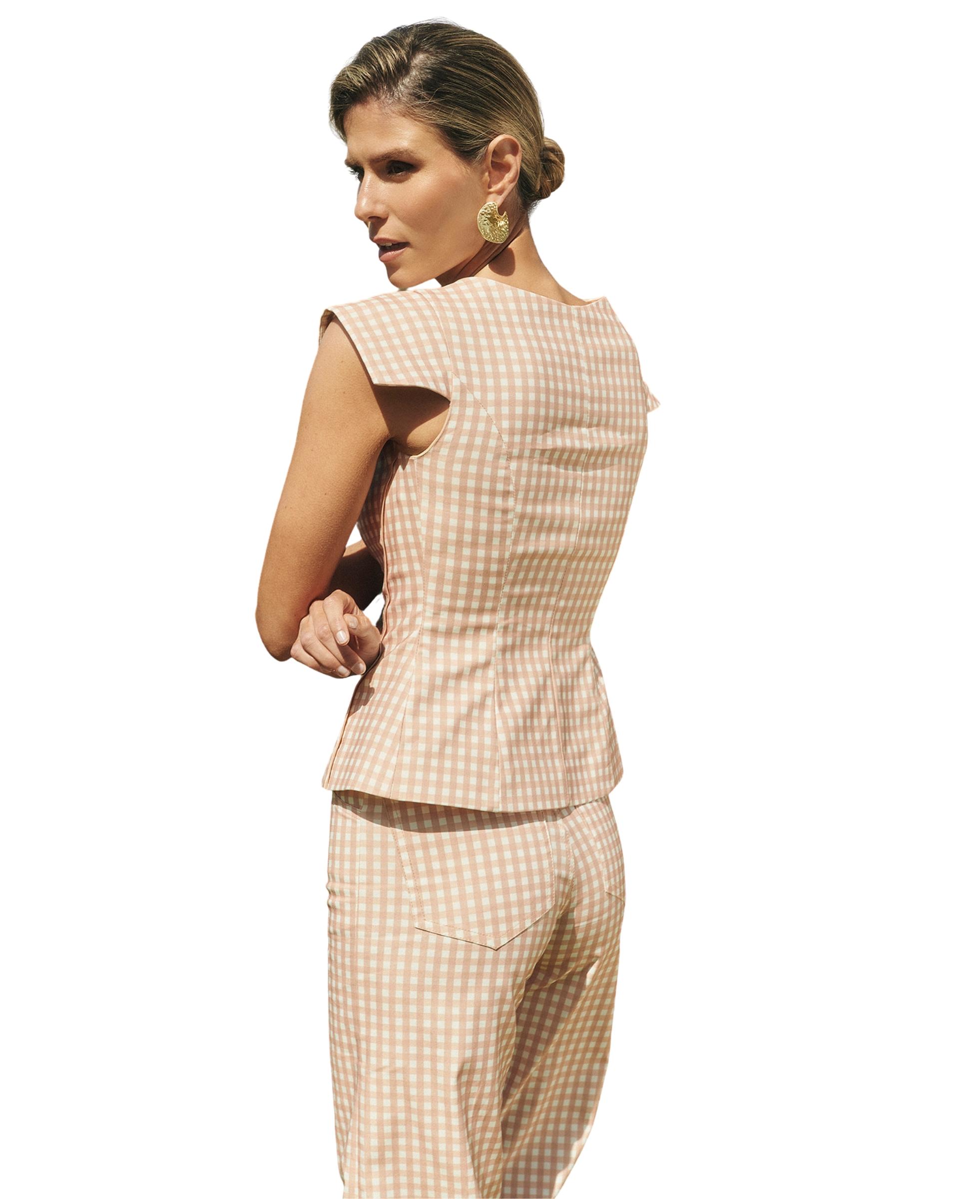 Pantalones rectos de mujer de algodón con estampado vichy Bege-2
