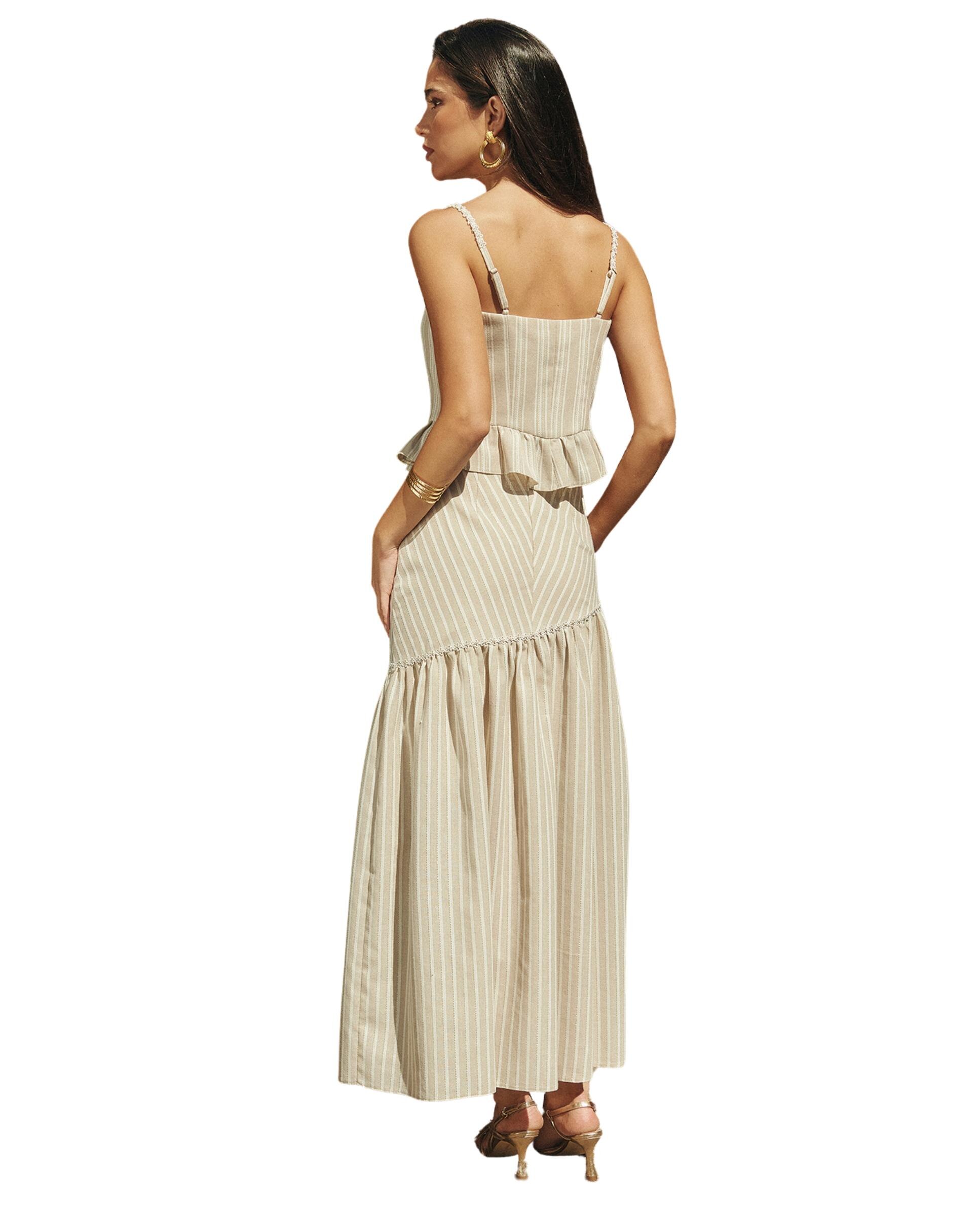 Falda larga de corte maxi y estampado de rayas Bege-3