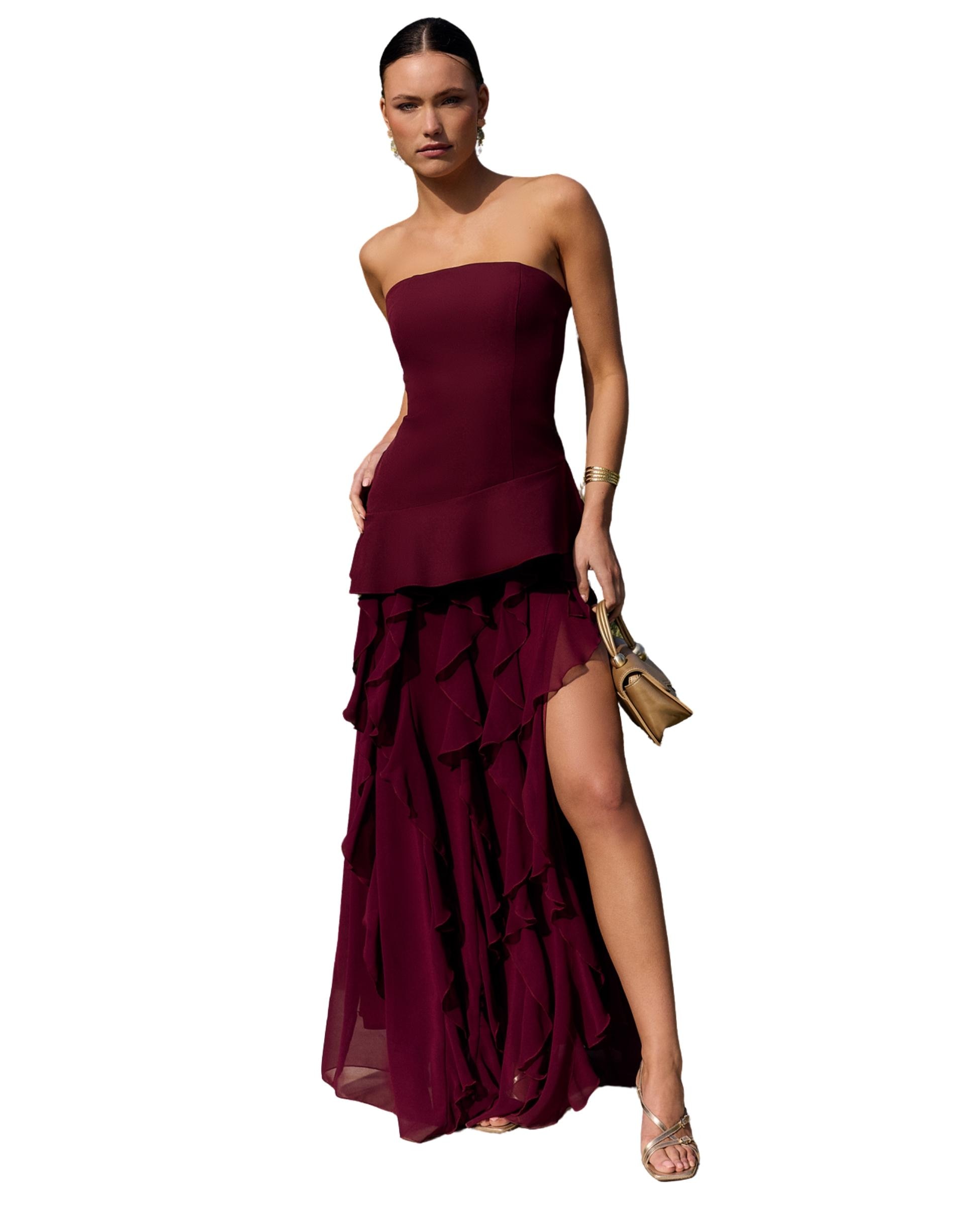 Imagem 0 de Vestido Comprido Cai-cai com Folhos na Saia